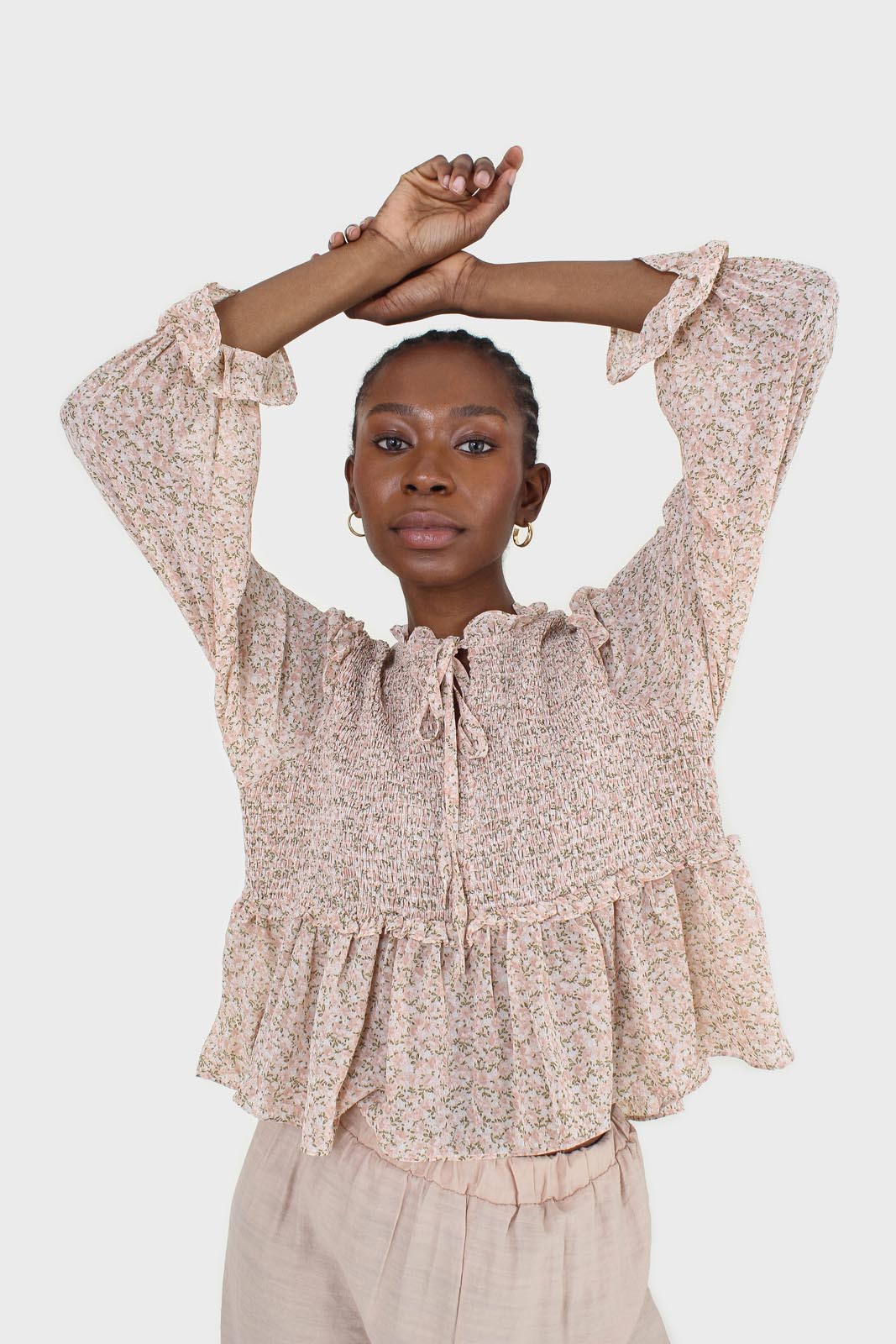 Pink and lilac floral print smocked blouse_7