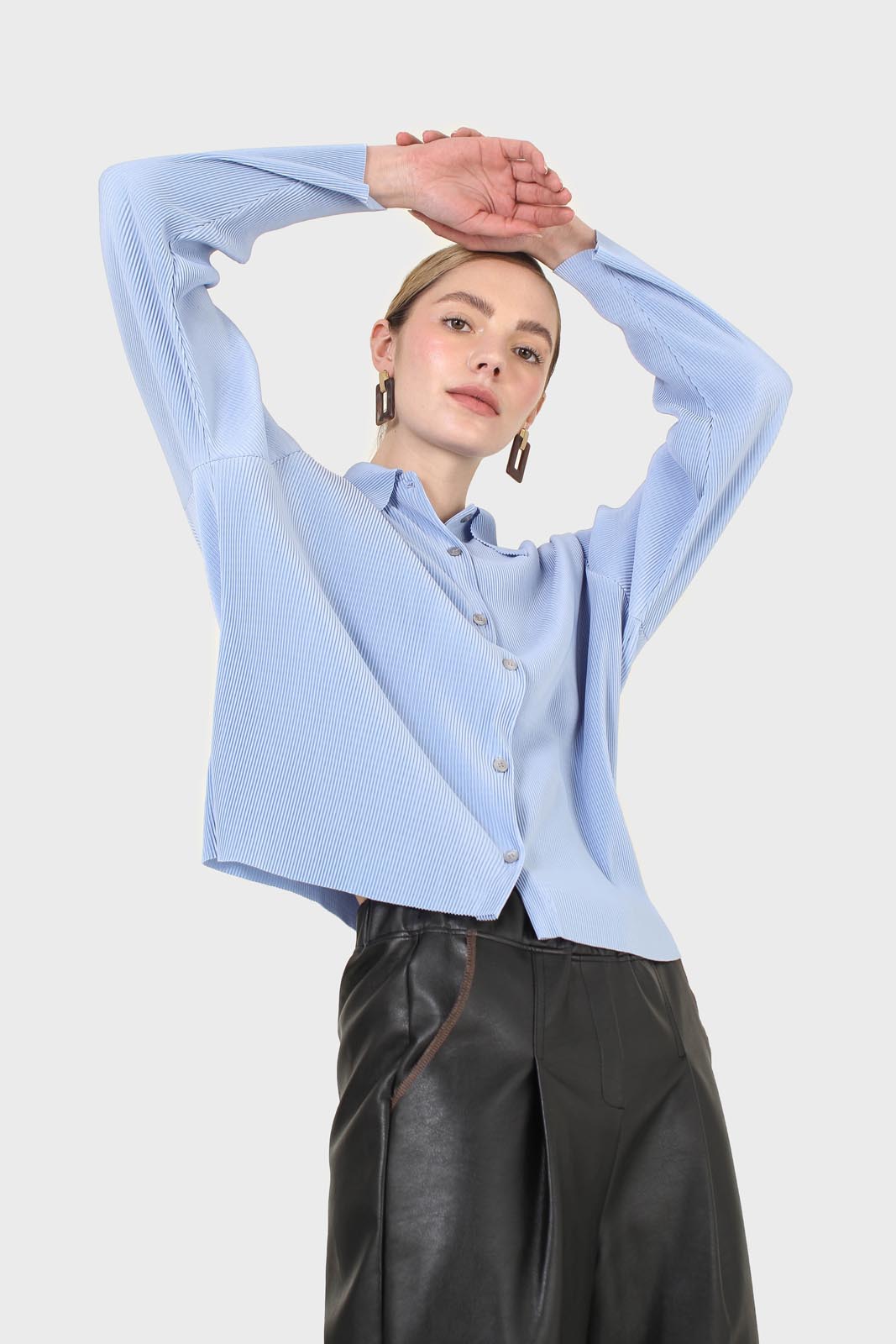 Sky blue micro pleated long sleeved shirt_16
