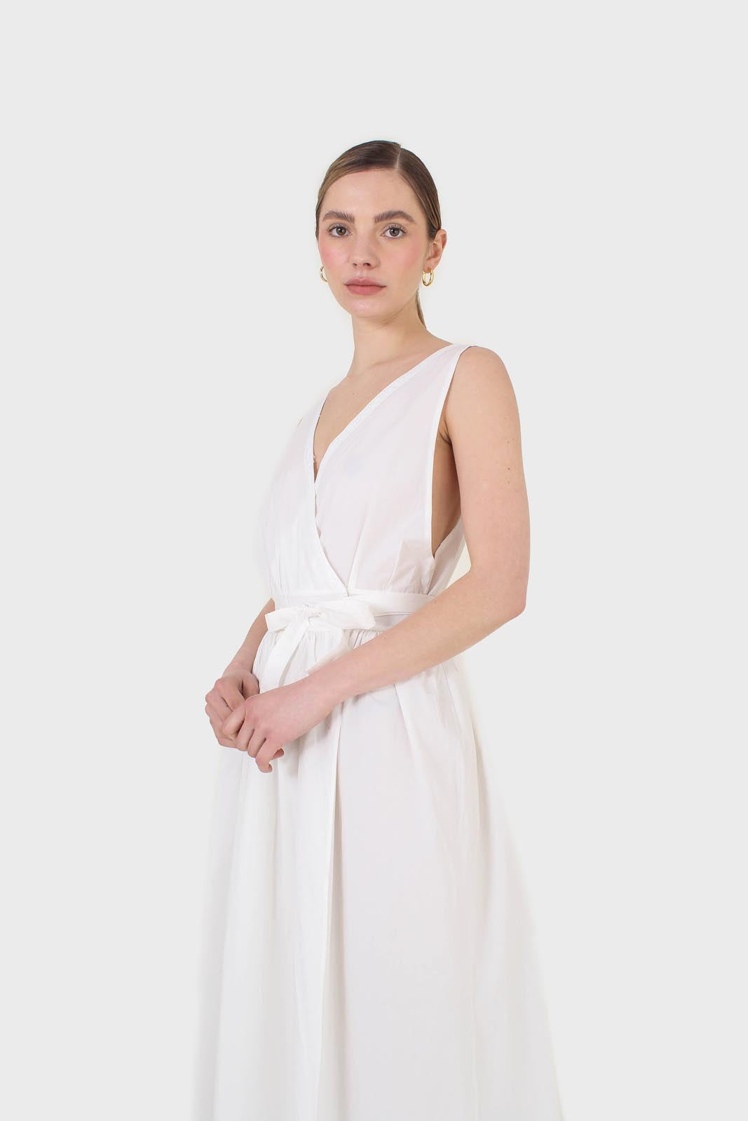 Ivory sleeveless wrap front dress_11