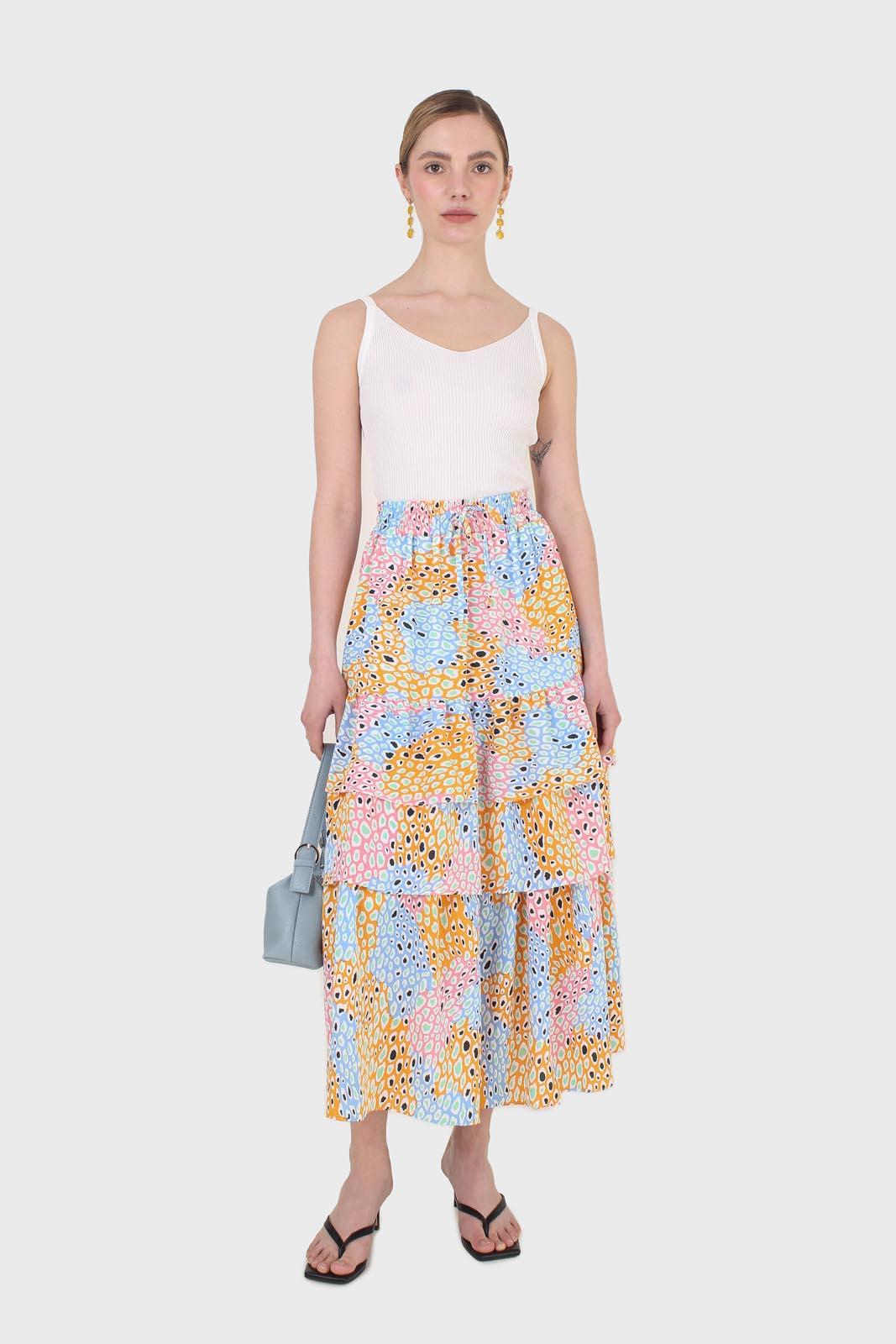 Pink multicoloured leopard print tiered midi skirt_2