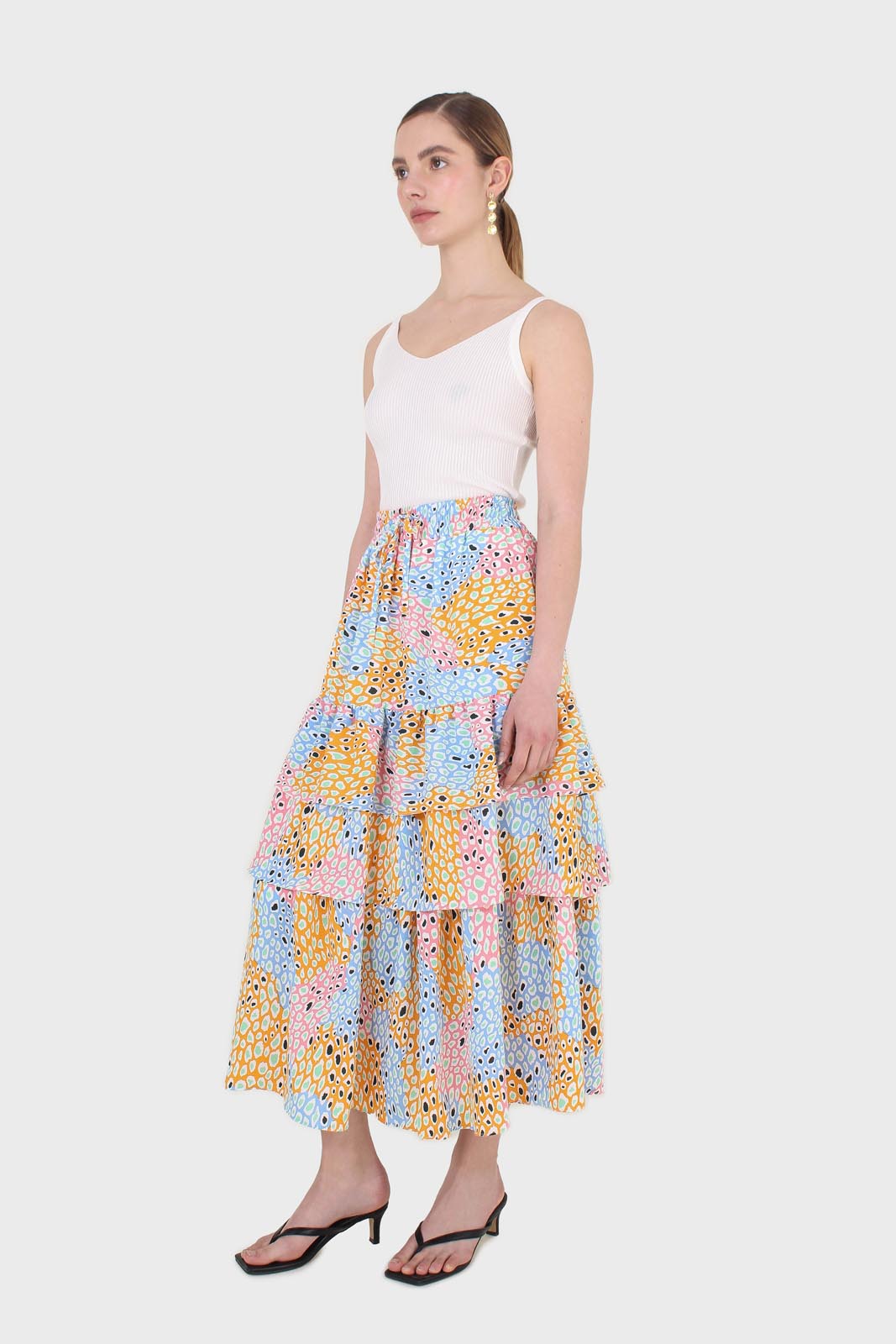 Pink multicoloured leopard print tiered midi skirt_5