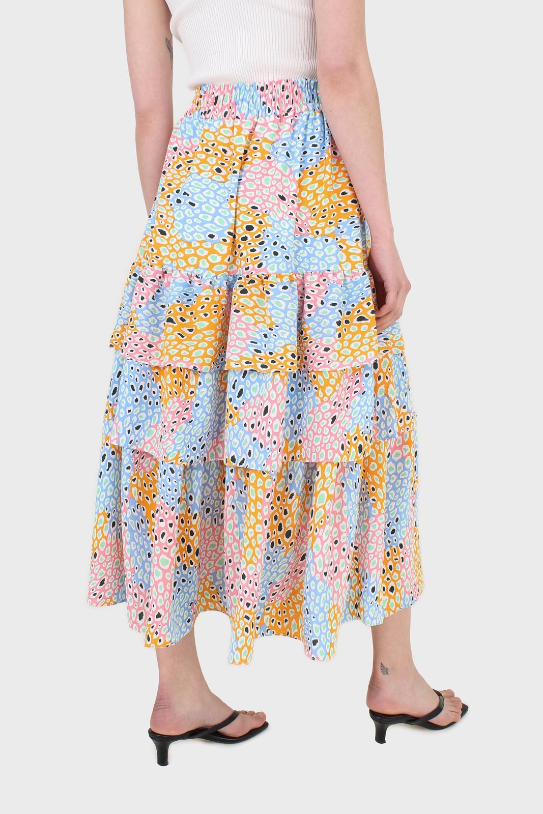 Pink multicoloured leopard print tiered midi skirt_3