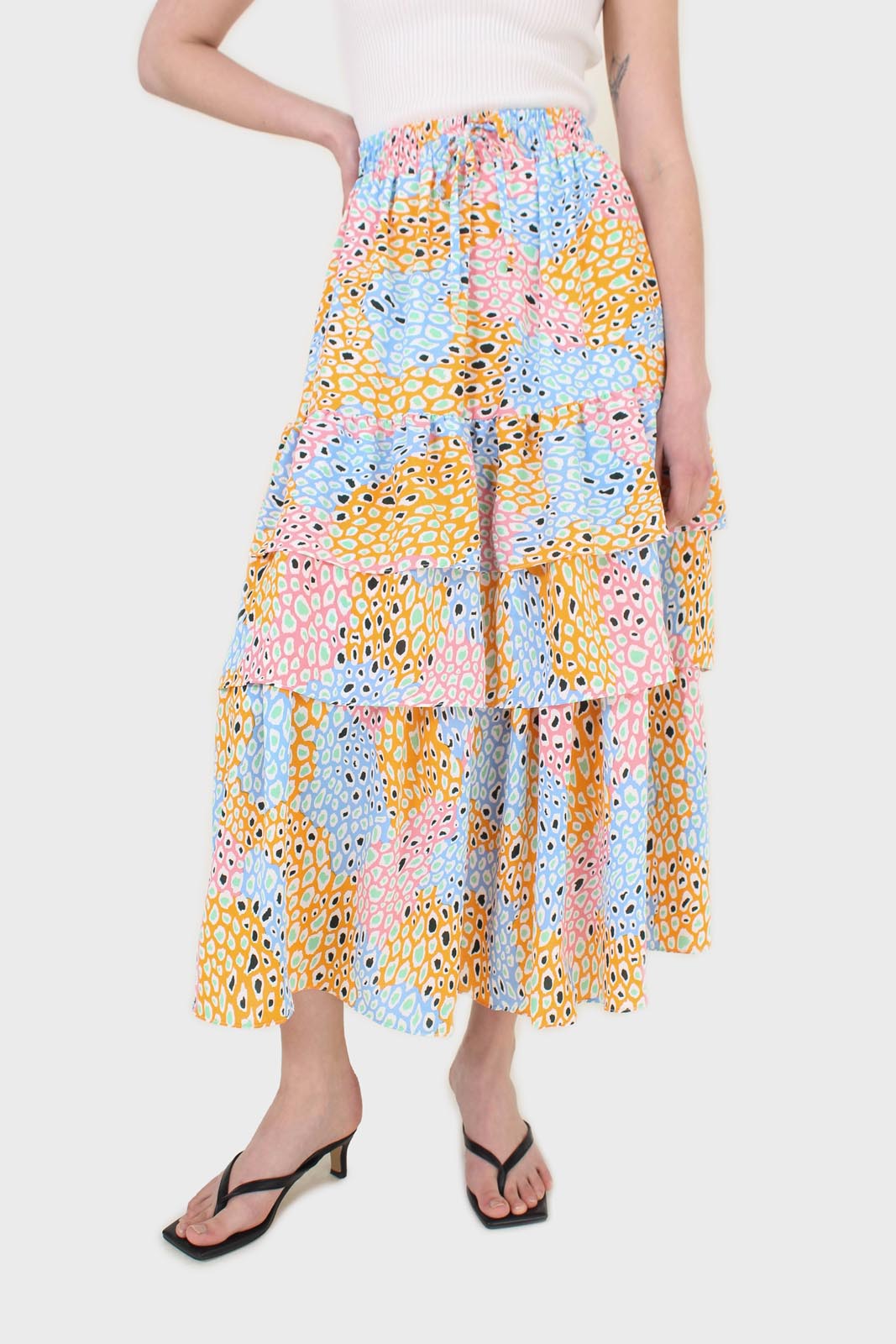Pink multicoloured leopard print tiered midi skirt_1