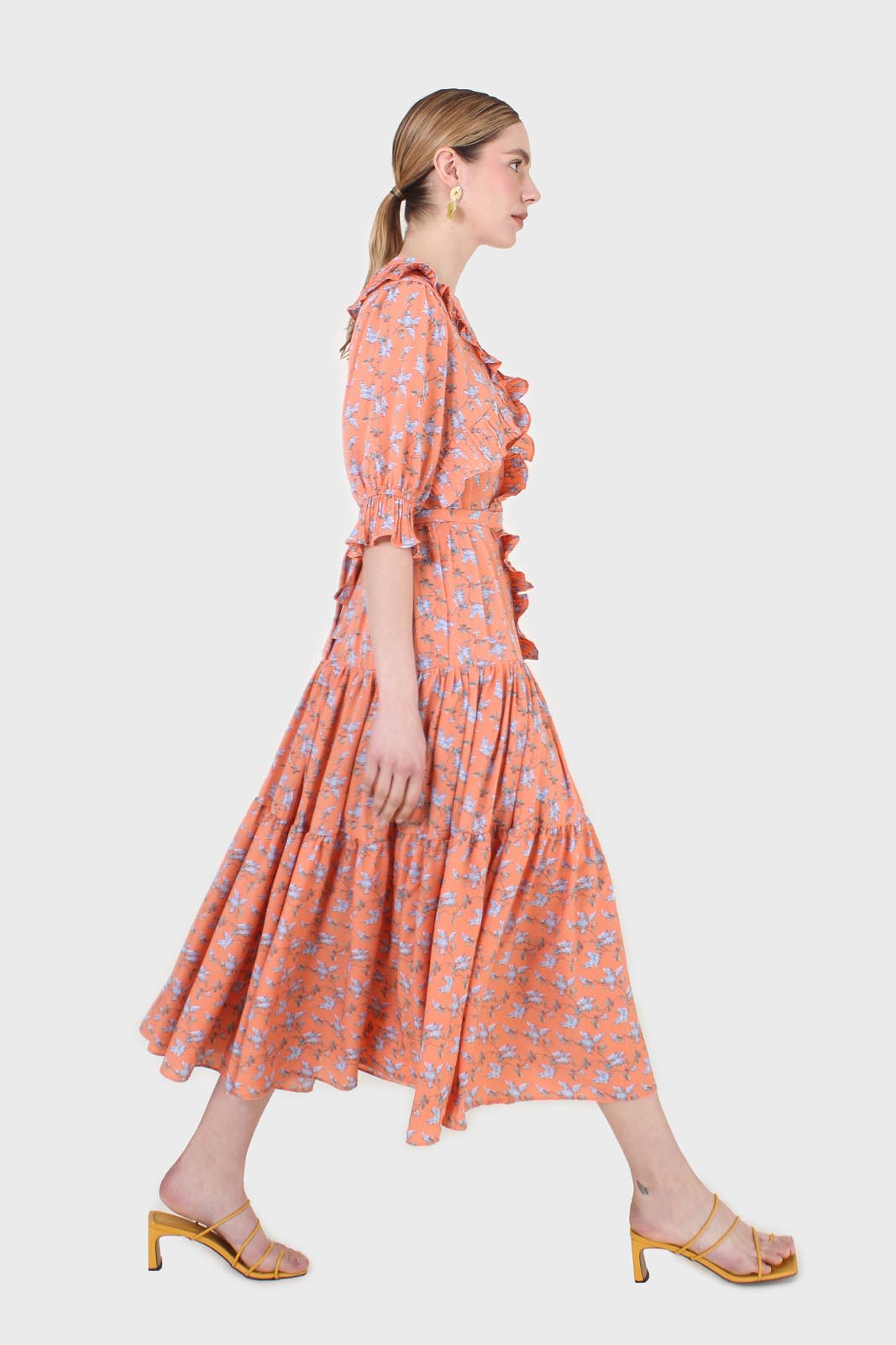 Orange floral printed ruffle dress_3
