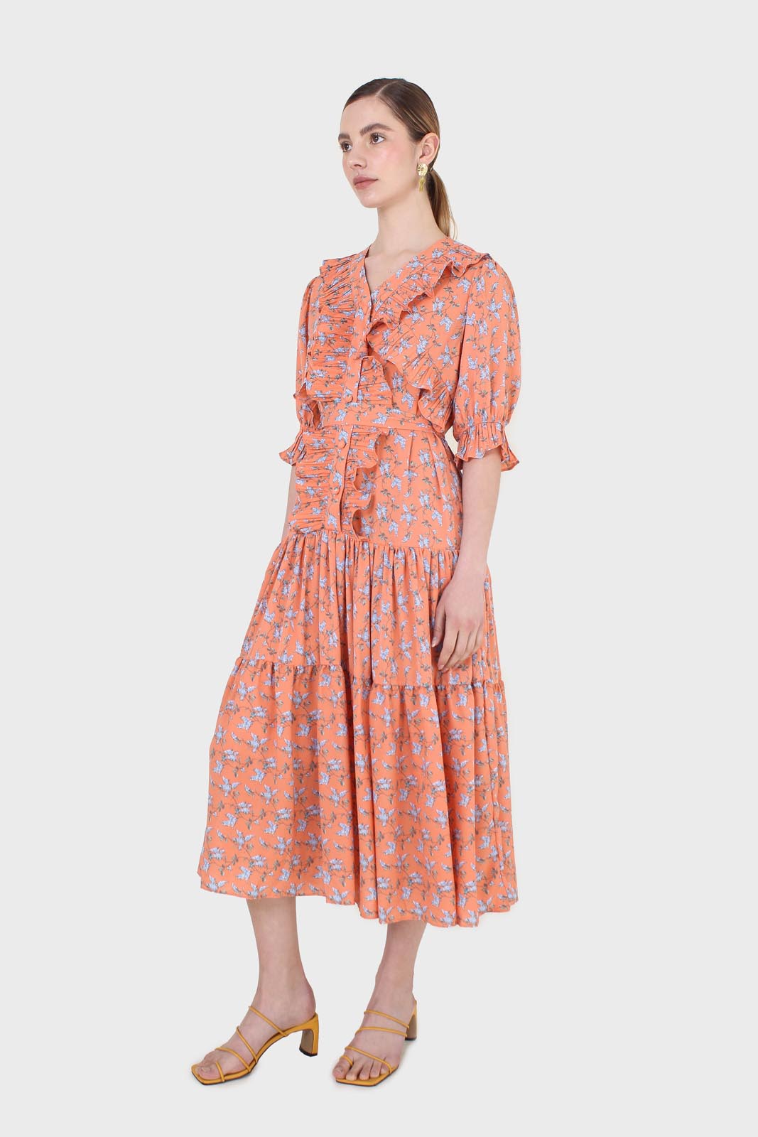 Orange floral printed ruffle dress_4