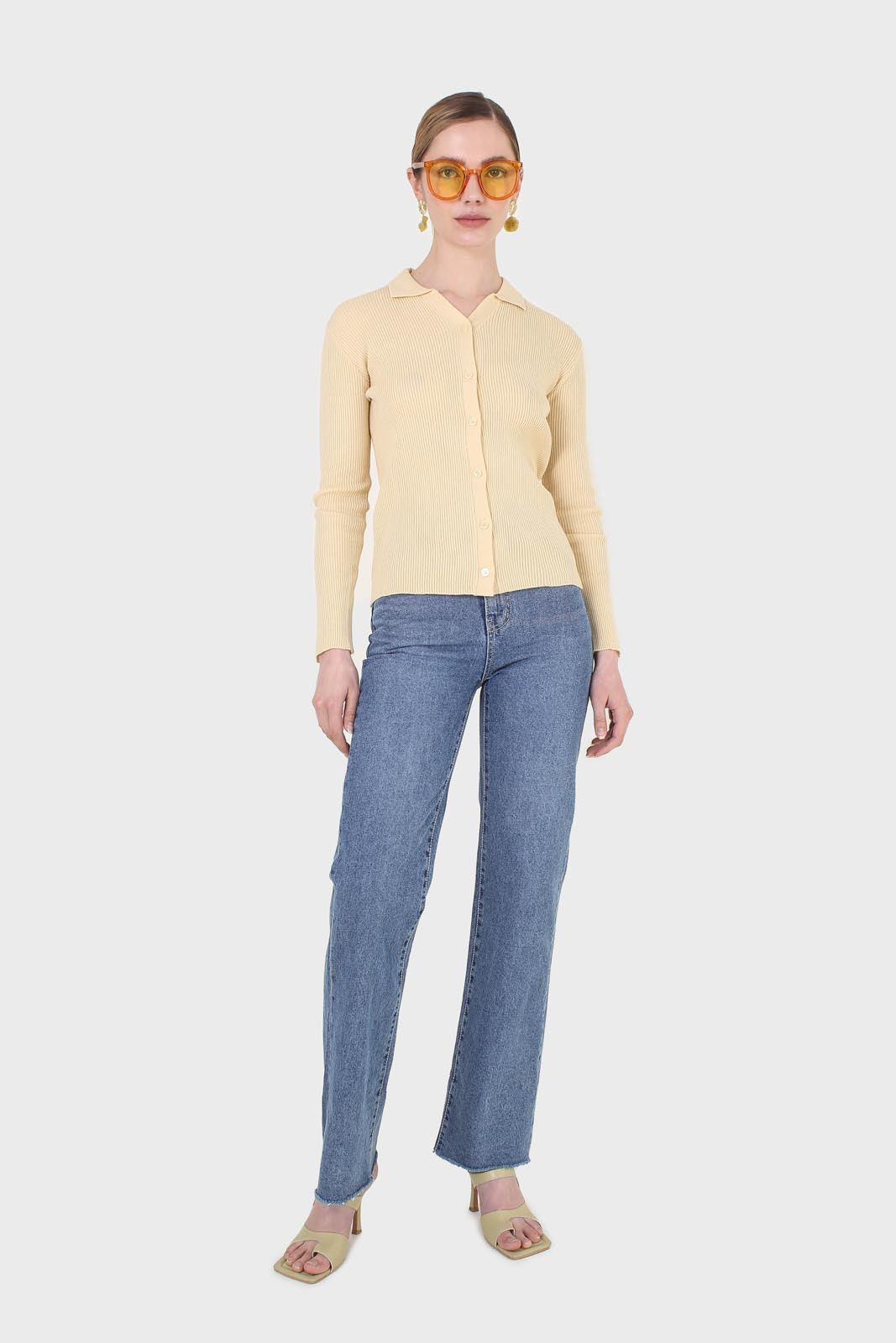 Yellow button front polo knit top_3