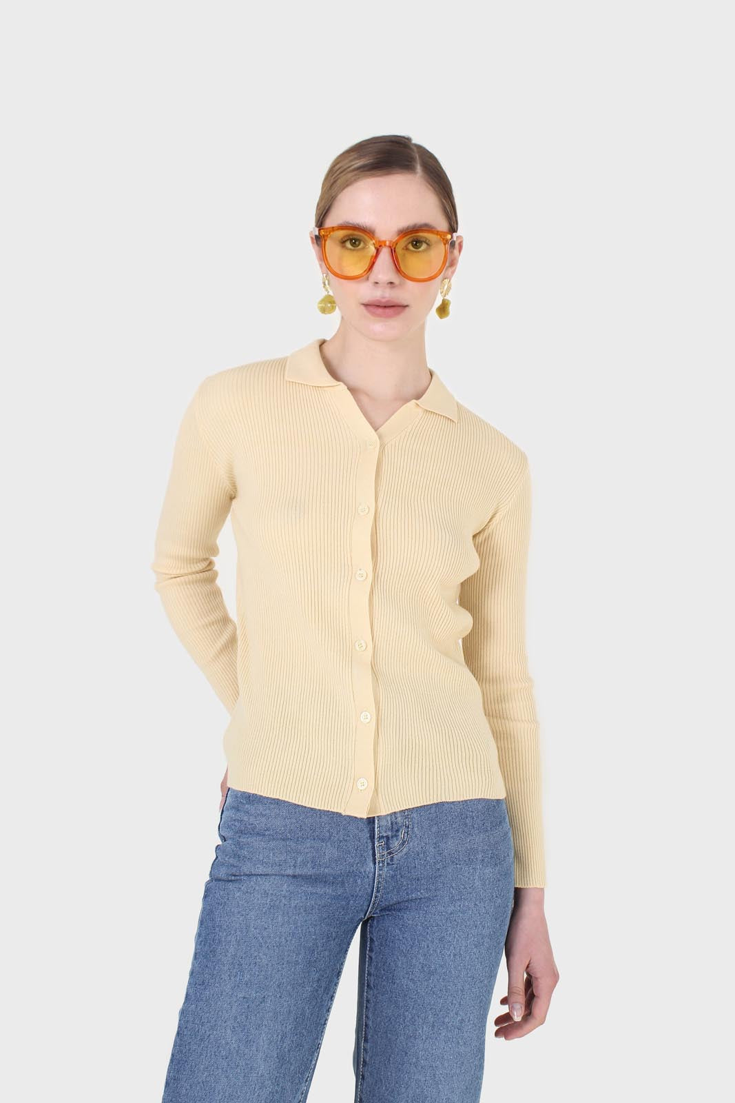 Yellow button front polo knit top_1