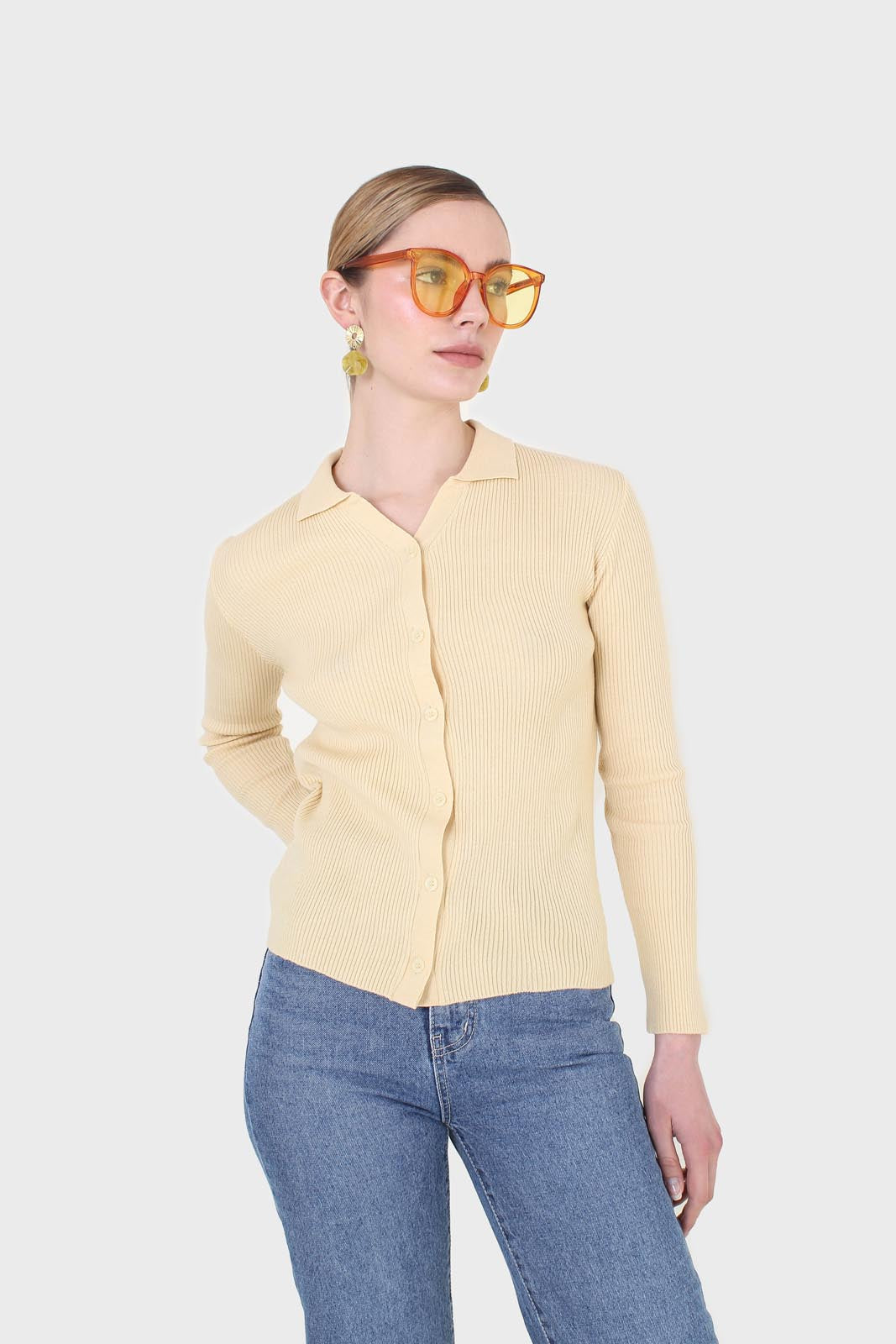 Yellow button front polo knit top_7