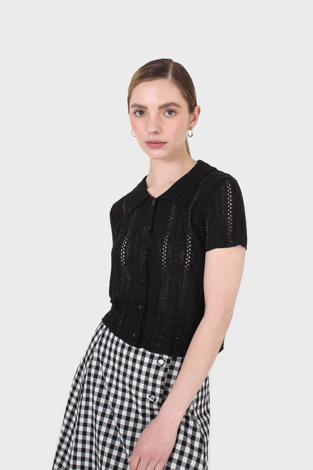 Black textured short sleeved cardigan top_1