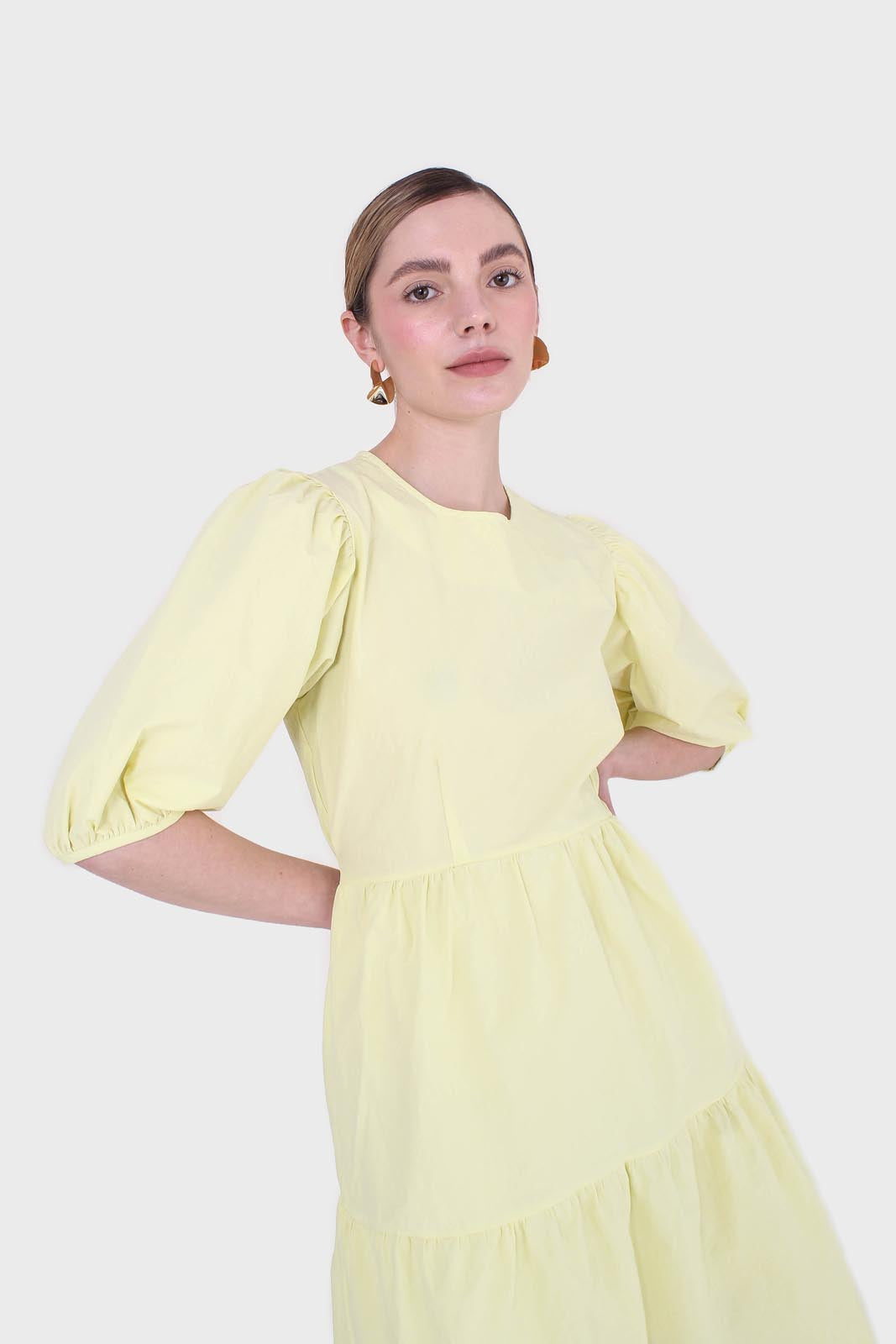 Yellow tiered puff sleeve mini dress_12