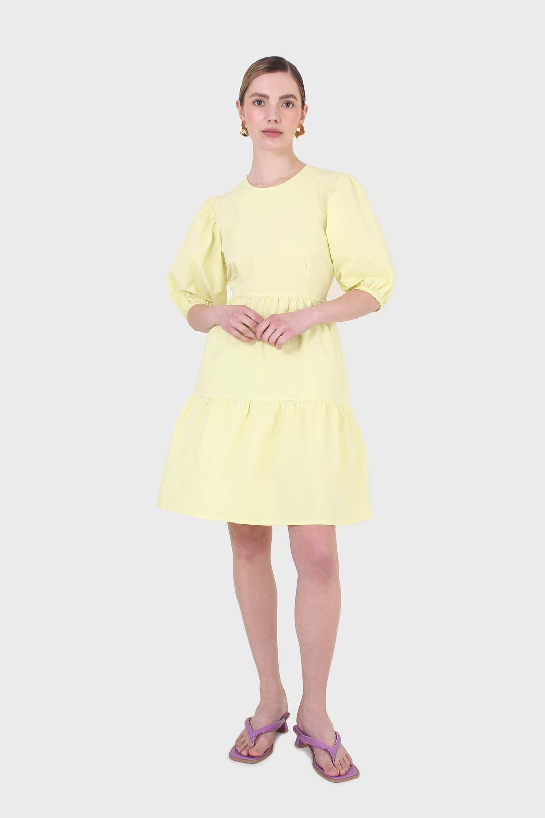 Yellow tiered puff sleeve mini dress_4