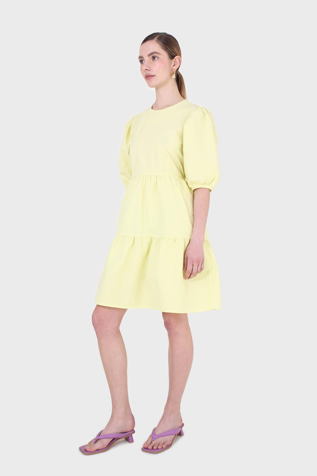 Yellow tiered puff sleeve mini dress_5