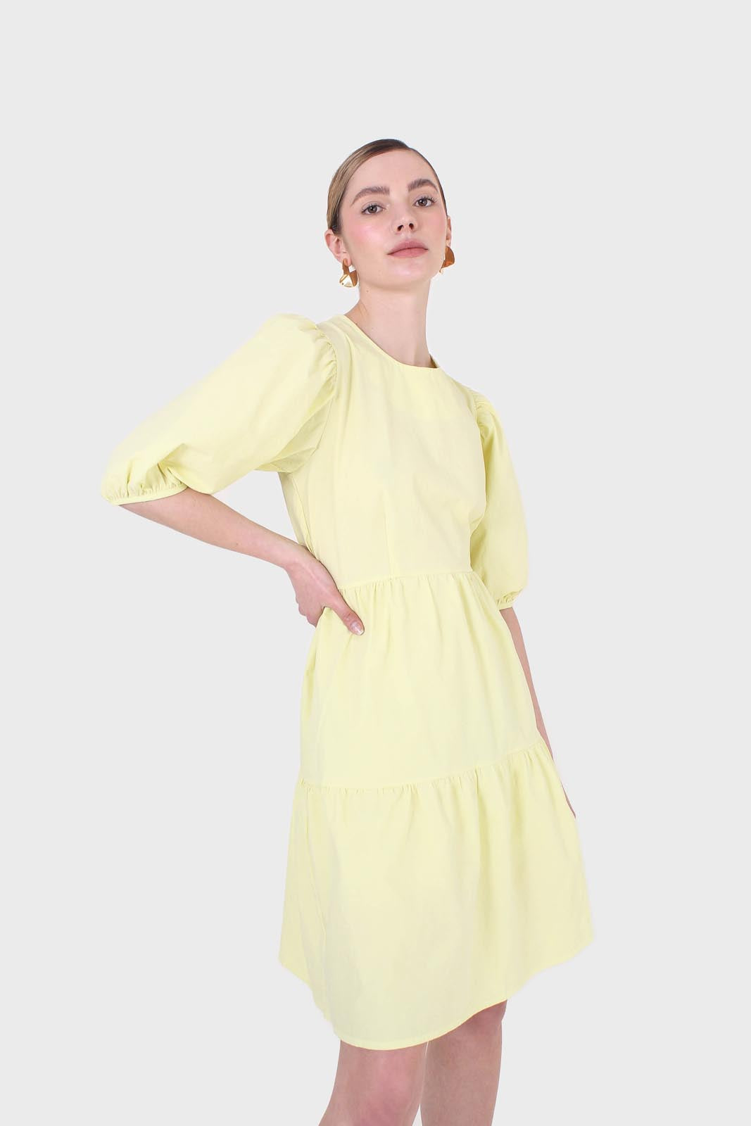 Yellow tiered puff sleeve mini dress_10