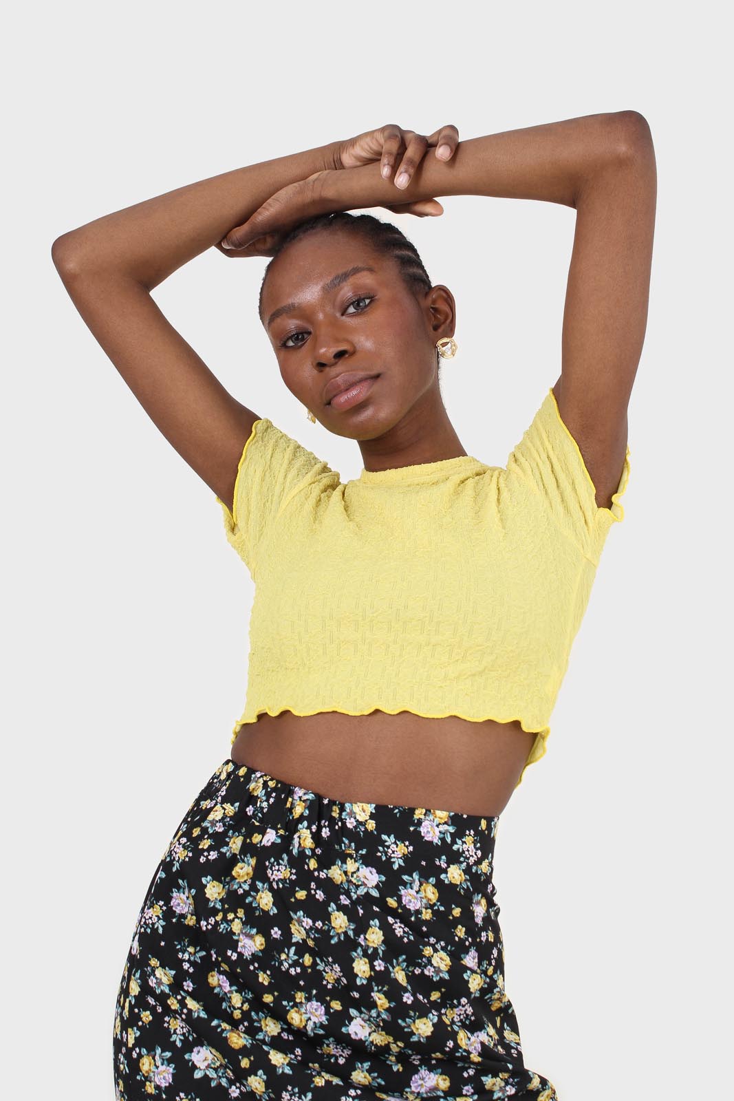 Yellow shirring crew neck tee_4