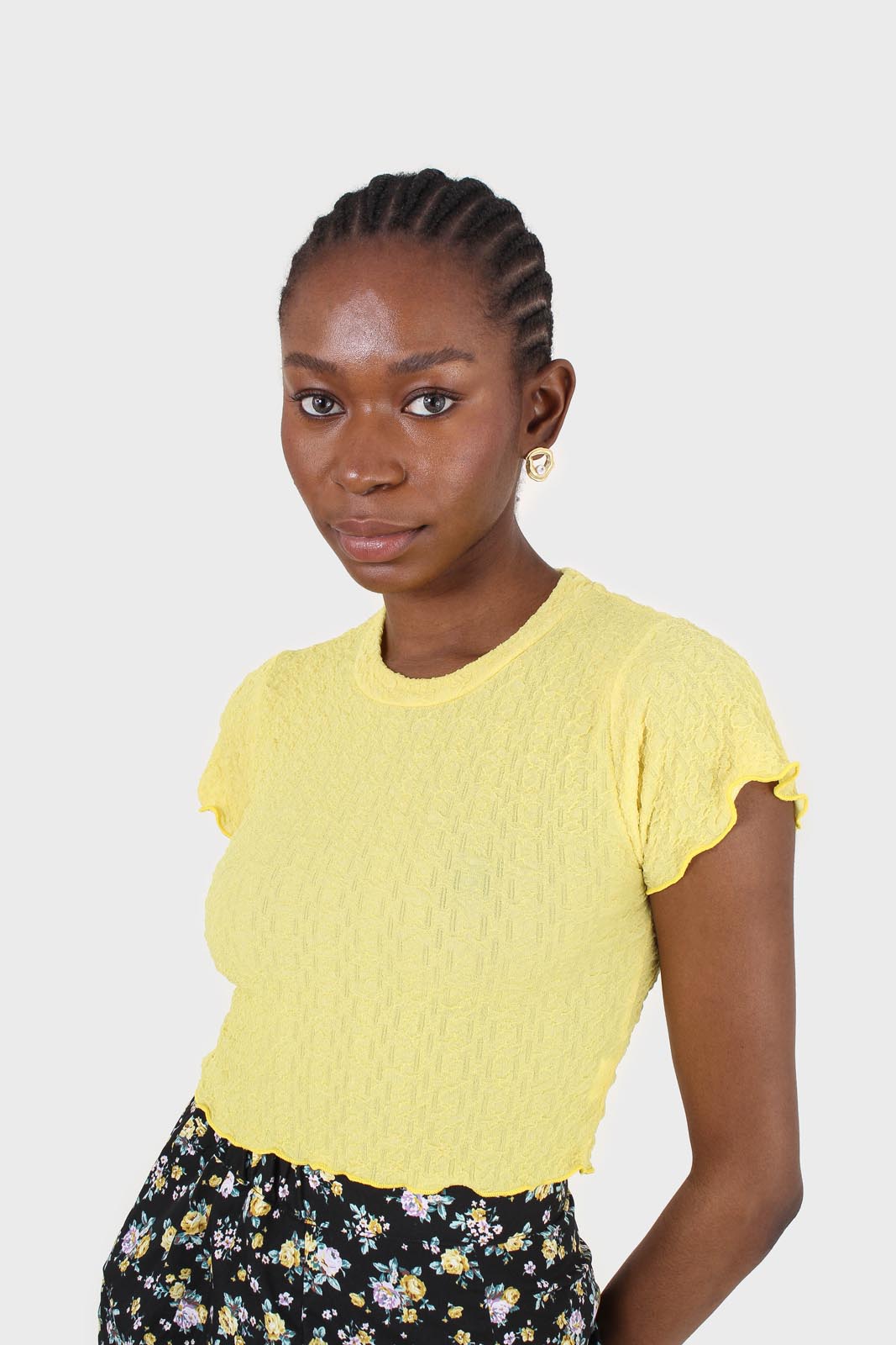 Yellow shirring crew neck tee_5