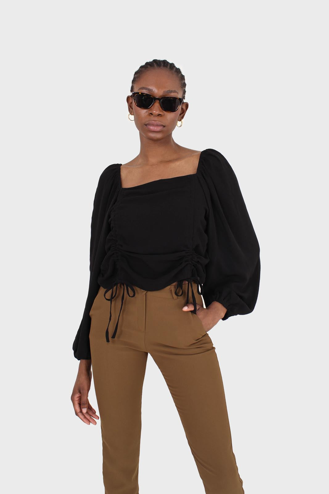 Black double ruched tie detail long sleeved top_1