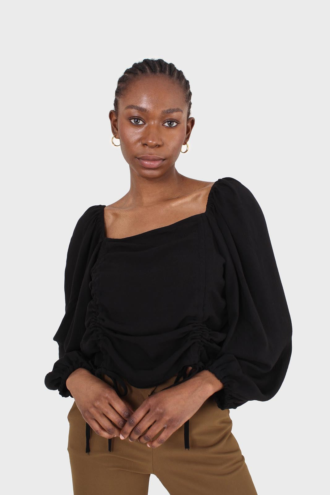 Black double ruched tie detail long sleeved top_3
