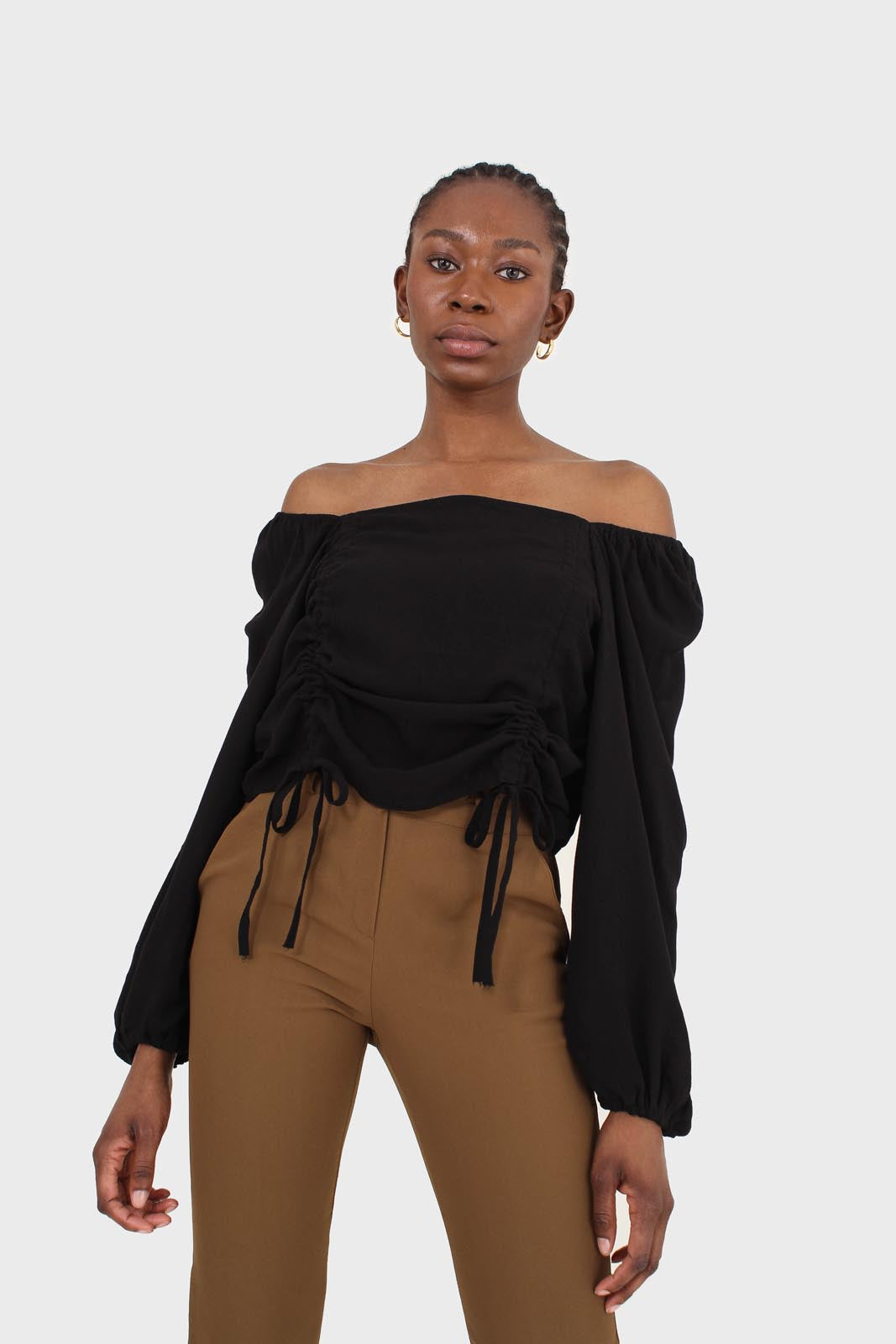 Black double ruched tie detail long sleeved top_4