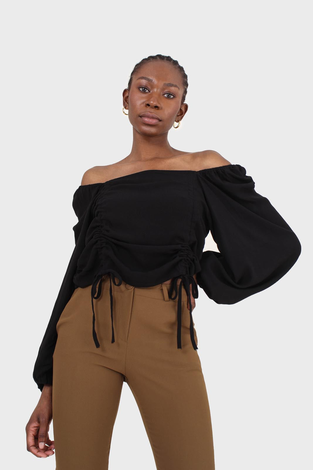 Black double ruched tie detail long sleeved top_6