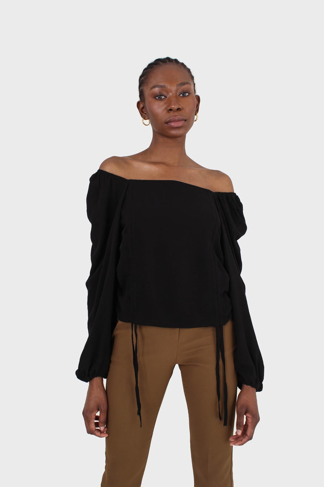 Black double ruched tie detail long sleeved top_8