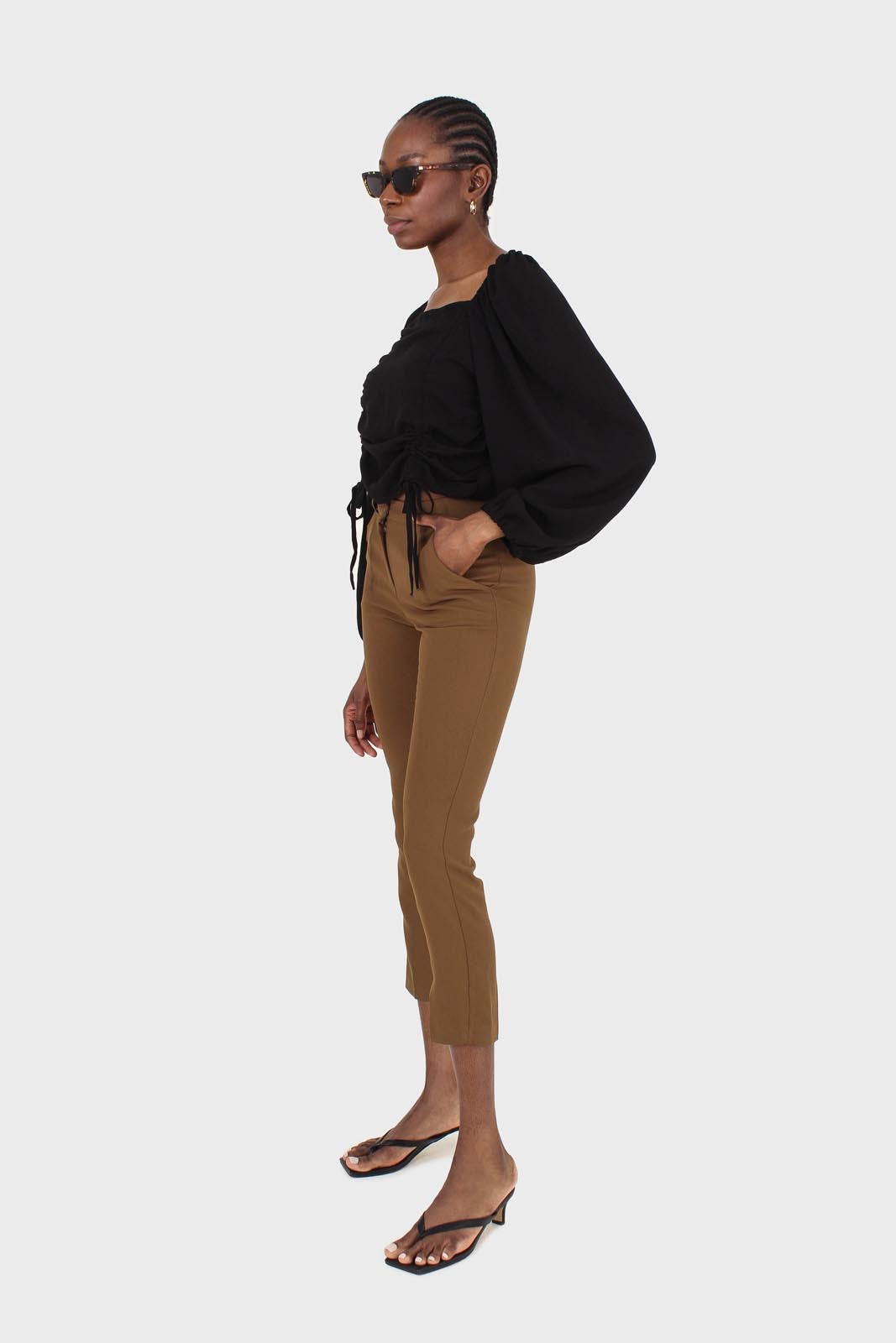 Black double ruched tie detail long sleeved top_10