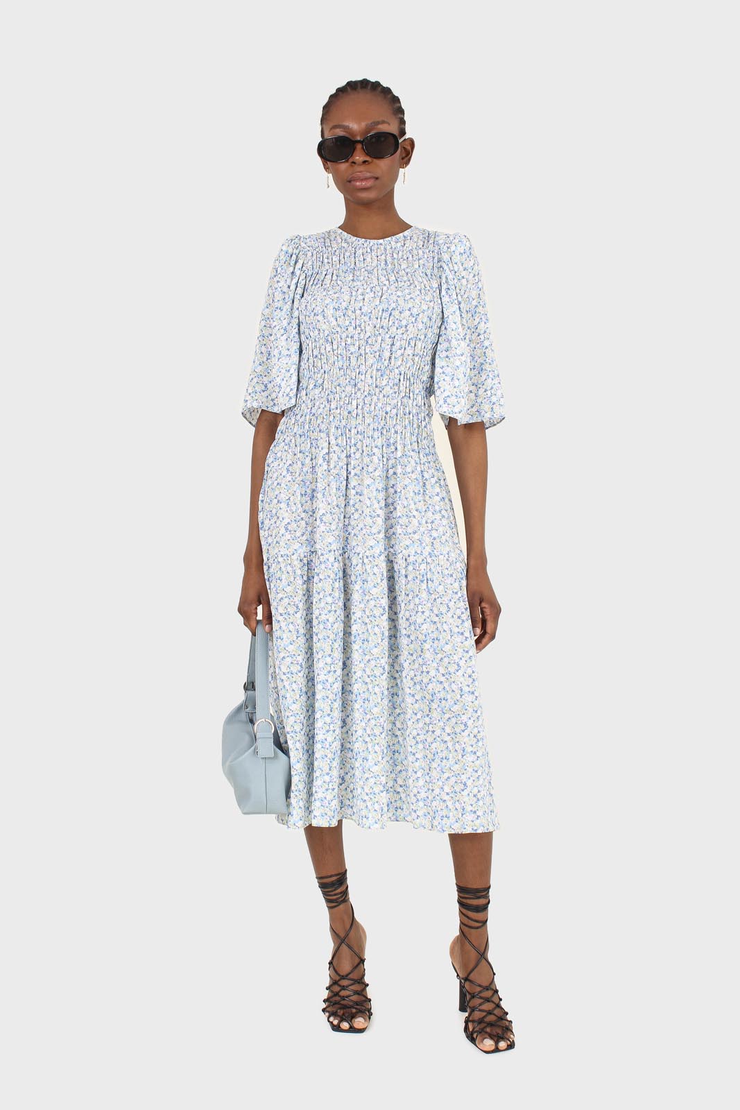 Blue tiny flower smocked bodice midi dress_1