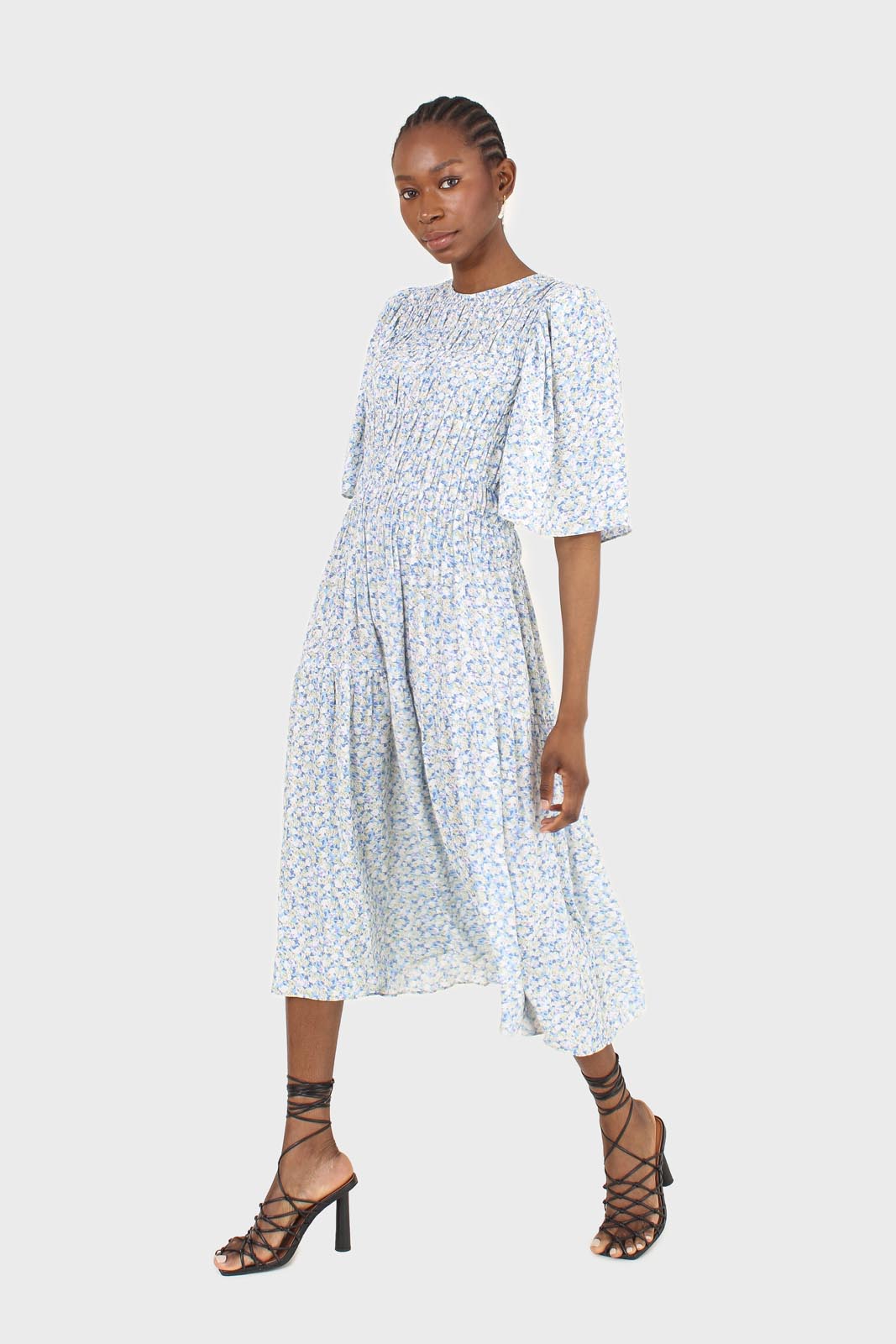 Blue tiny flower smocked bodice midi dress_7