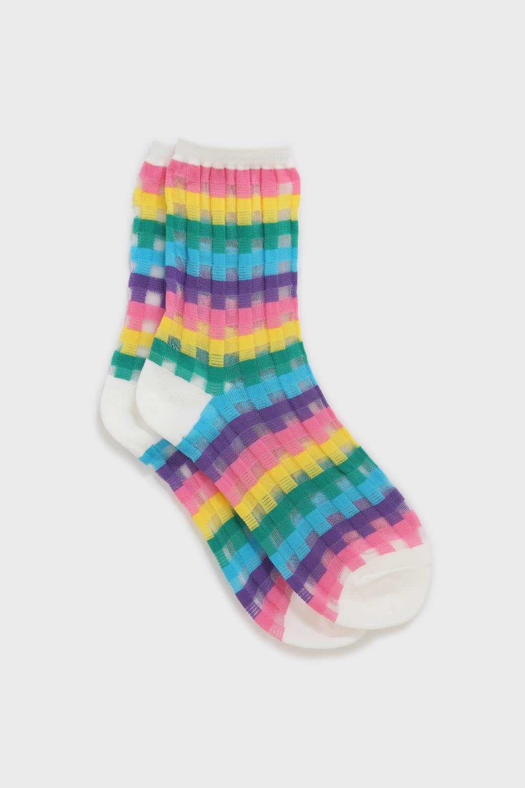 White pastel grid check sheer socks_1