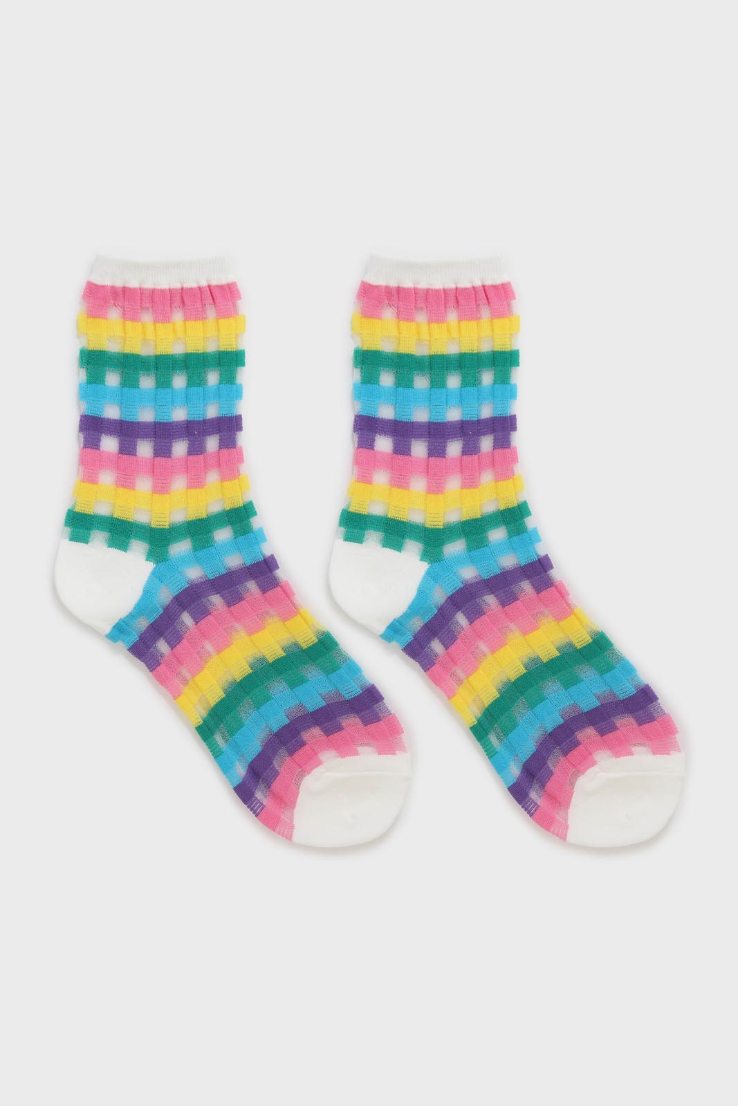 White pastel grid check sheer socks_3