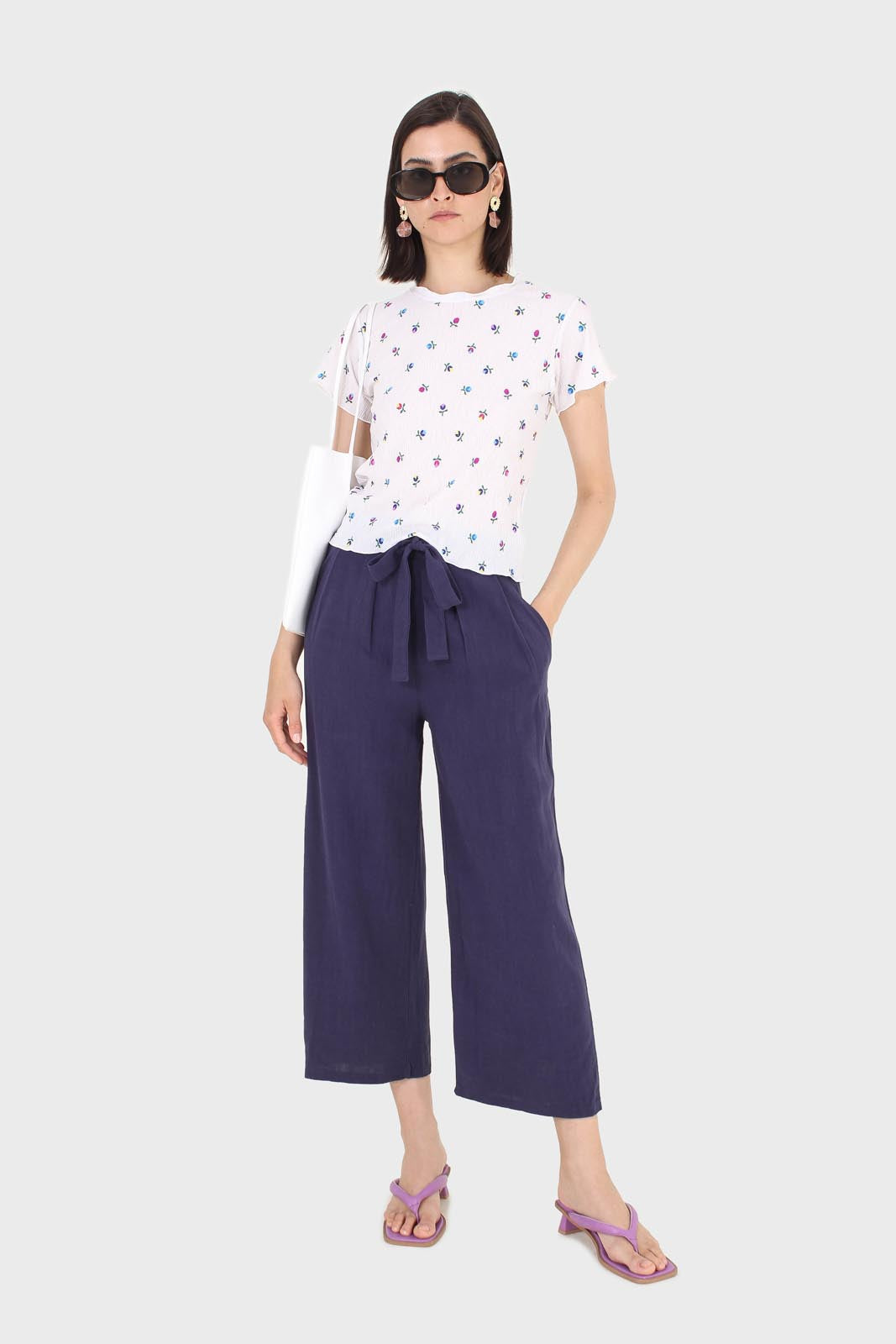 Navy thick tie front linen trousers_3