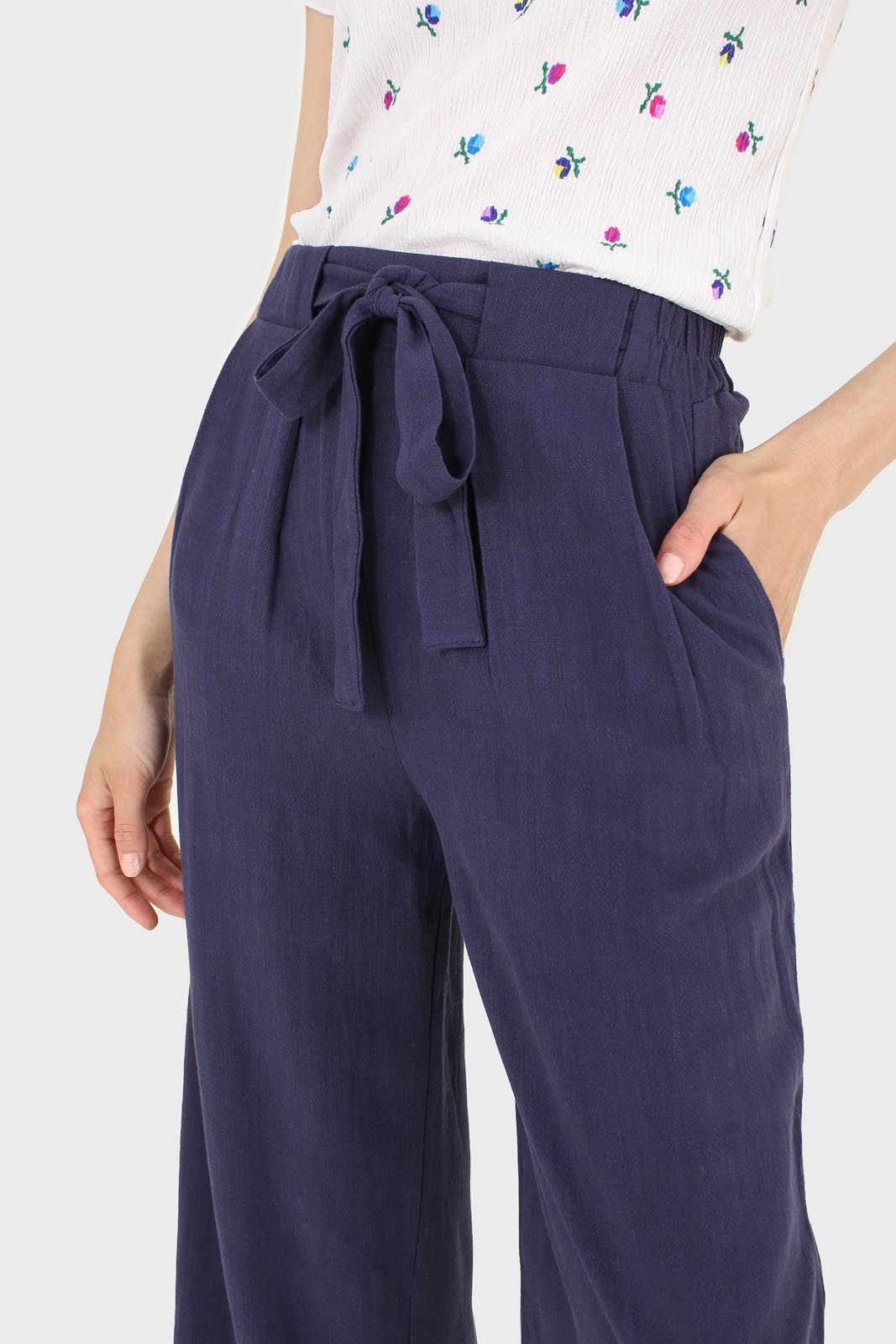 Navy thick tie front linen trousers_5