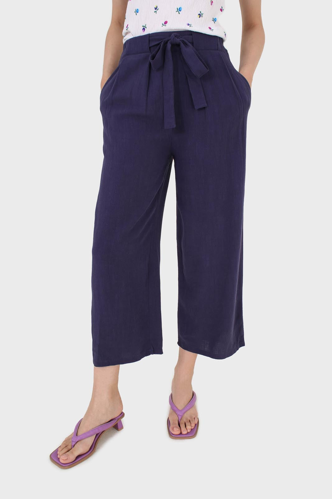 Navy thick tie front linen trousers_1
