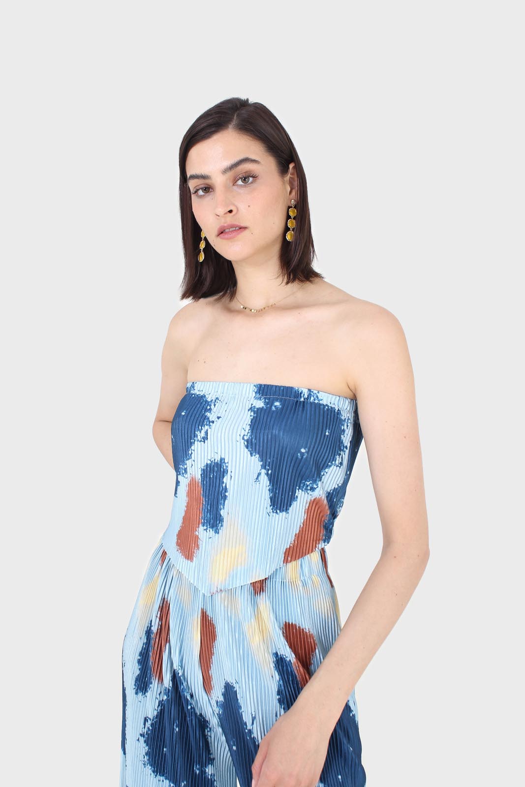 Blue and brown dye splotch micro pleat strapless top_1