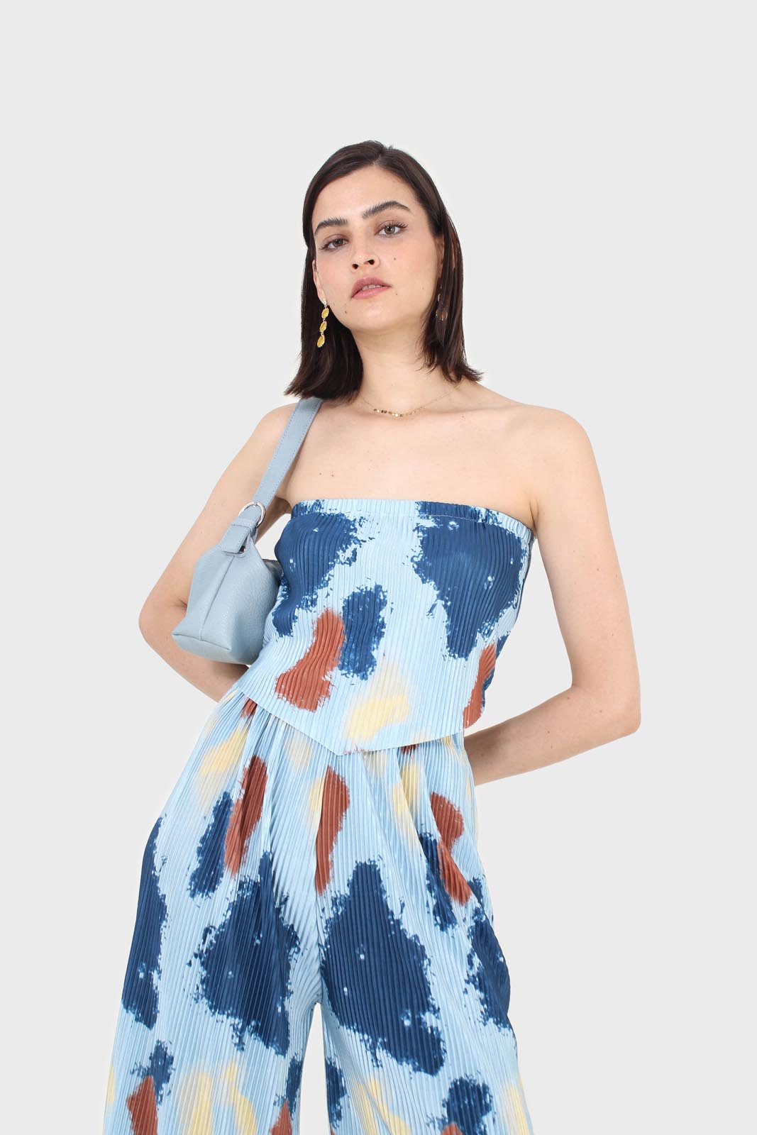 Blue and brown dye splotch micro pleat strapless top_7