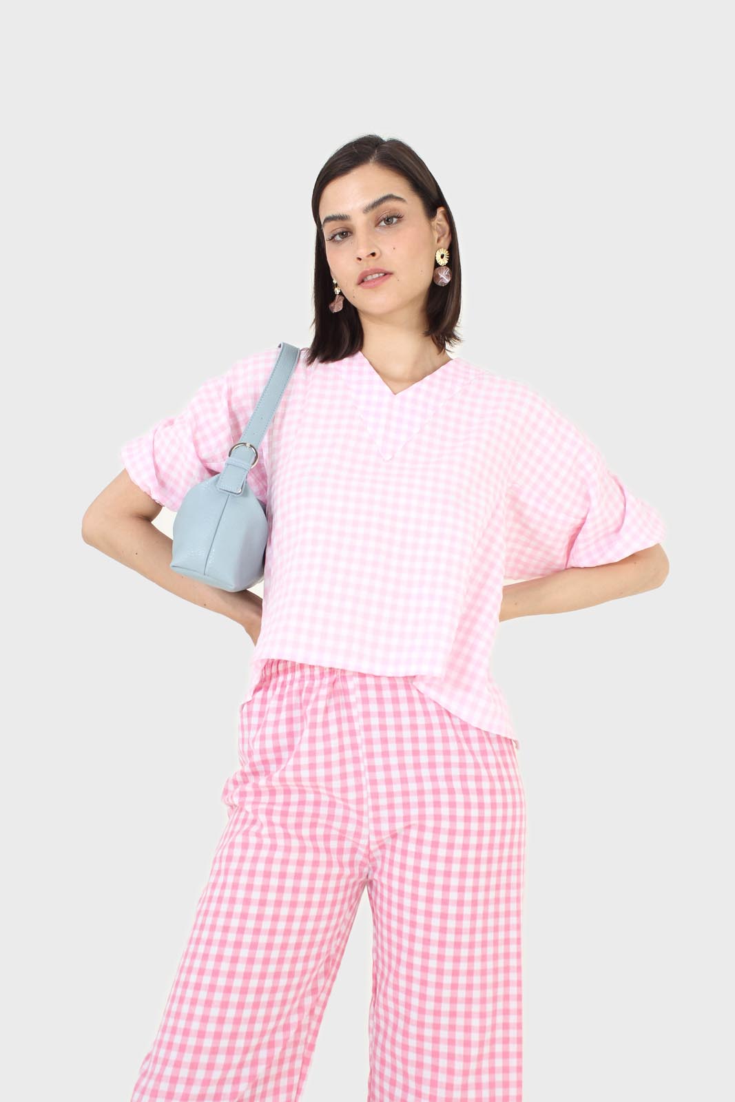 Pink gingham tie back puff sleeved top_2