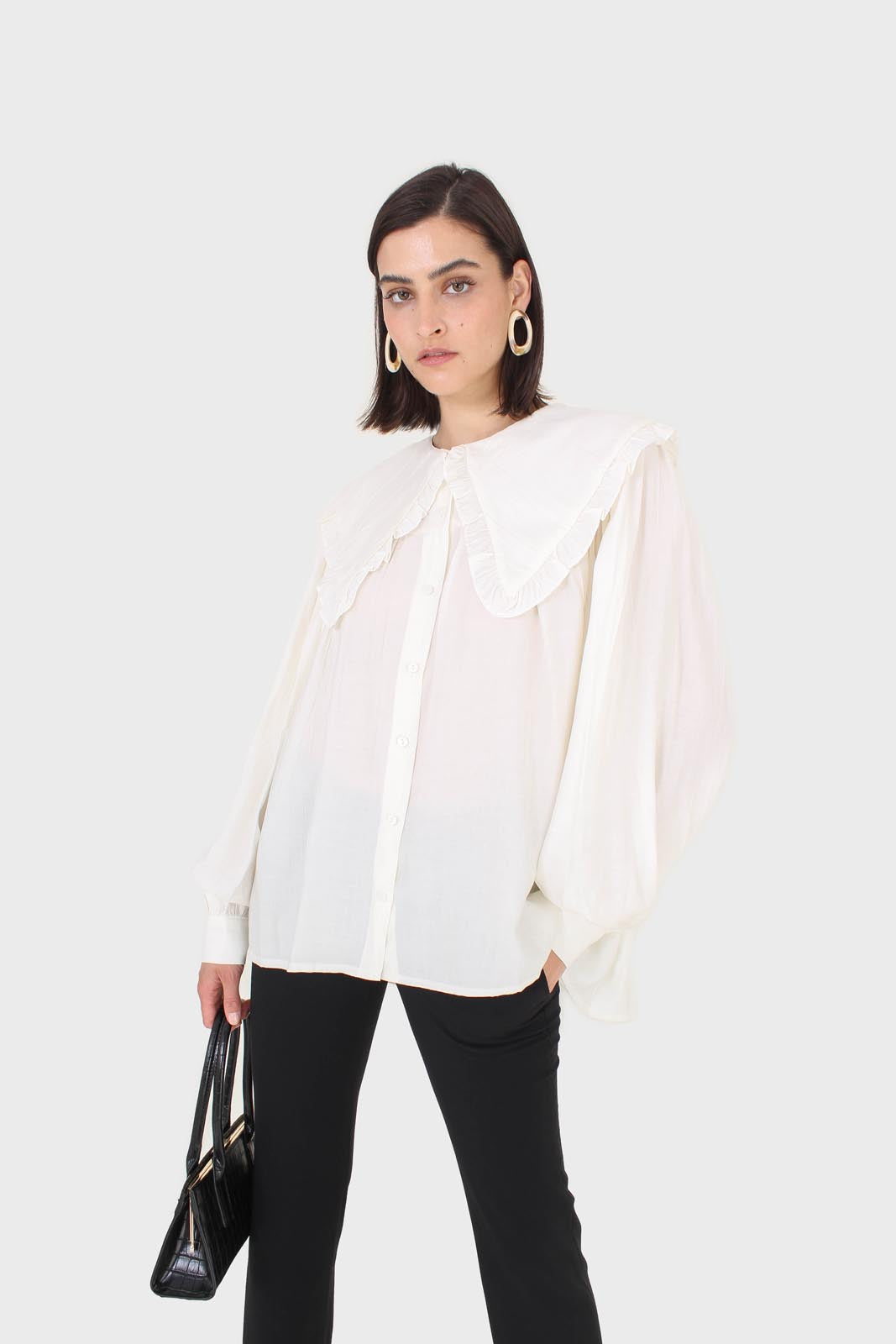 Ivory frill large collar balloon sleeve blouse_11
