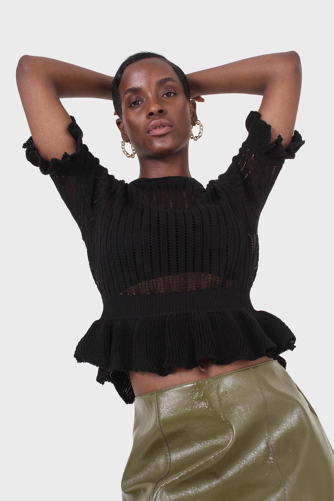 Black sheer peplum knit top_5