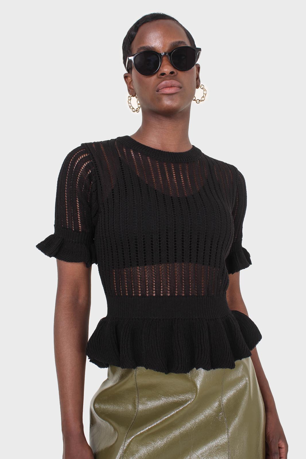Black sheer peplum knit top_1