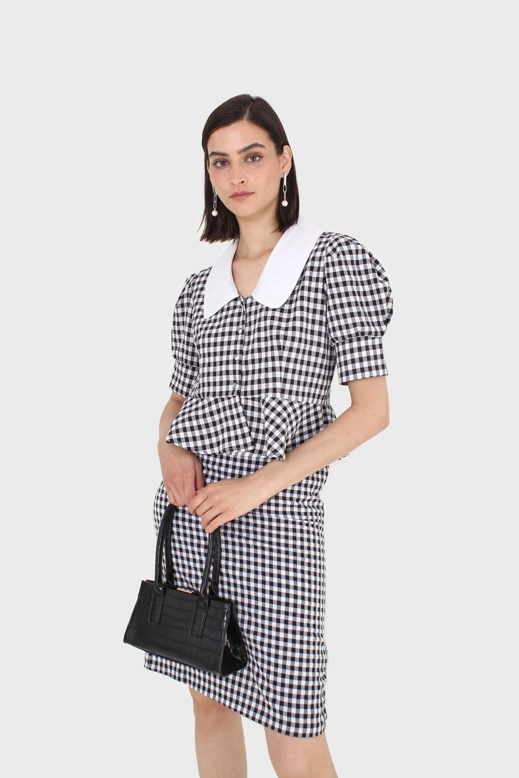 Black and white gingham large collar peplum top_10
