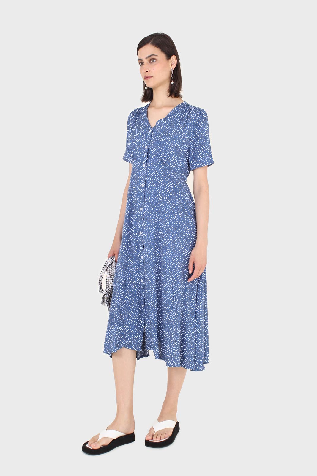 Bright blue and white polka dot button front dress_3