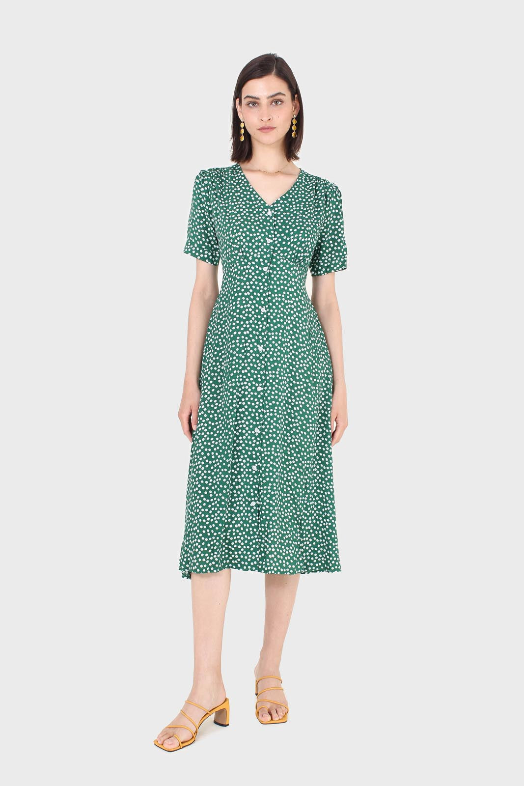 Green and white floral button front dress_1