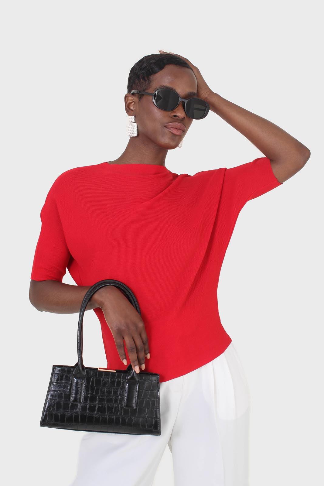 Red horizontal rib short sleeved knit top_3