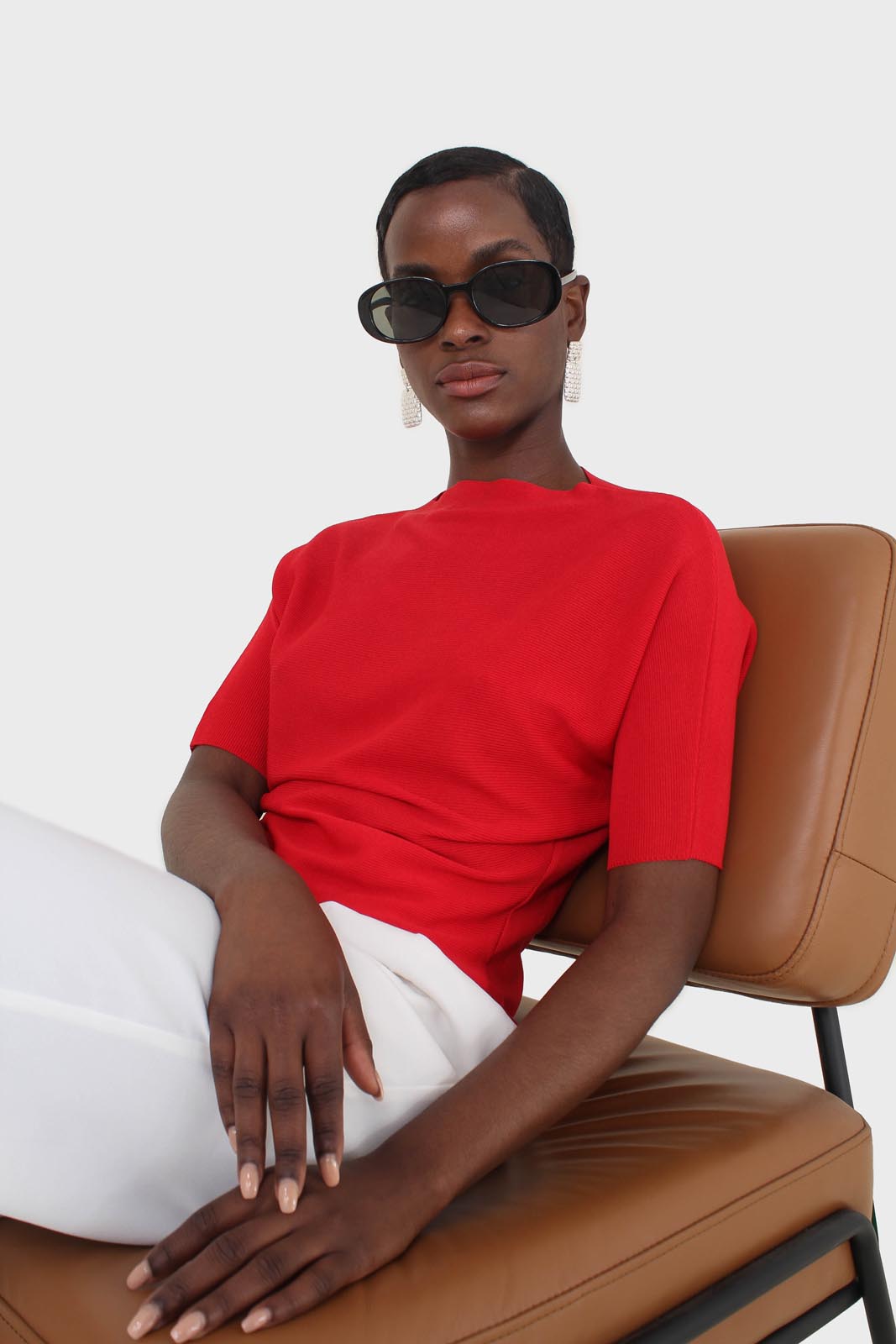 Red horizontal rib short sleeved knit top_4