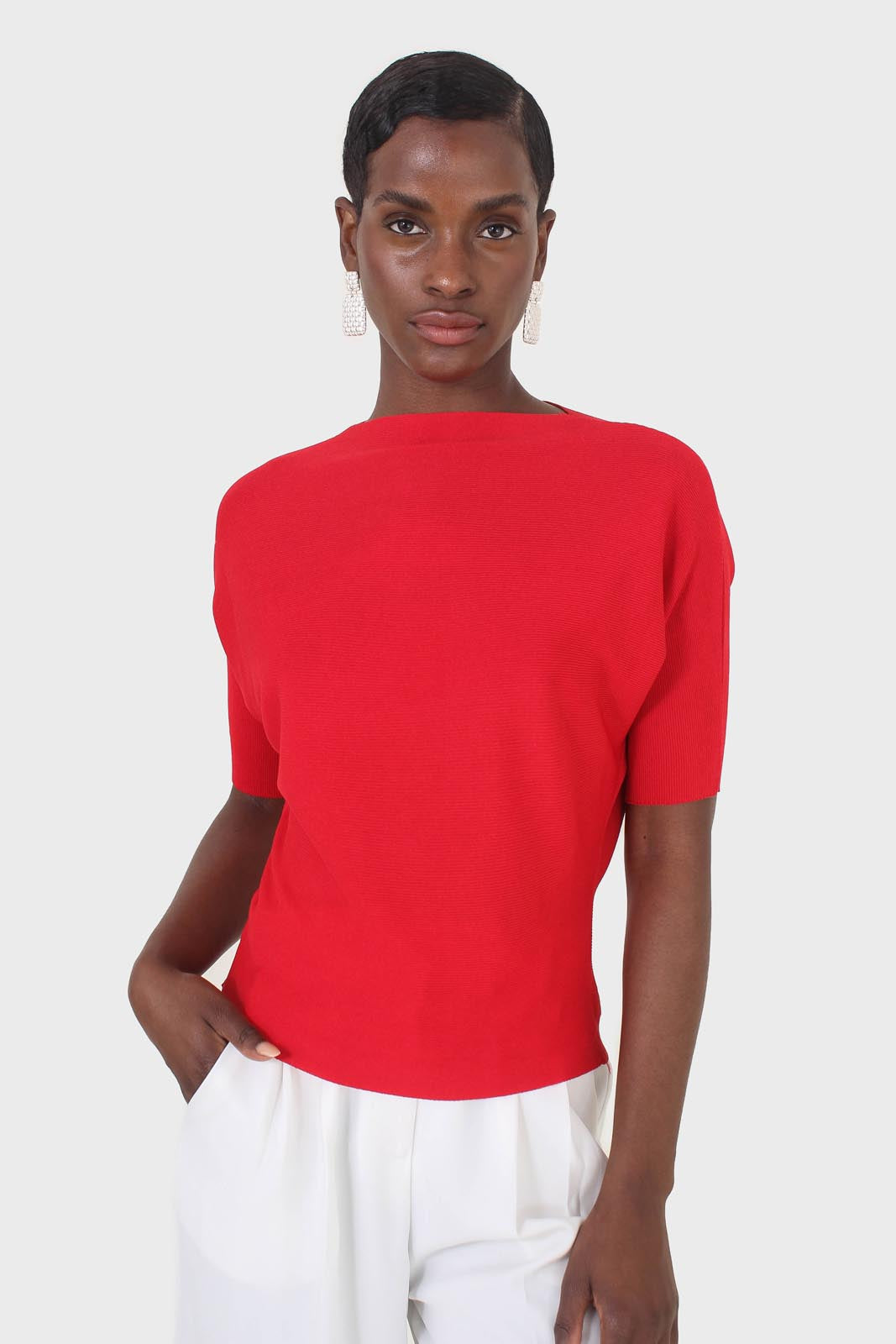 Red horizontal rib short sleeved knit top_1
