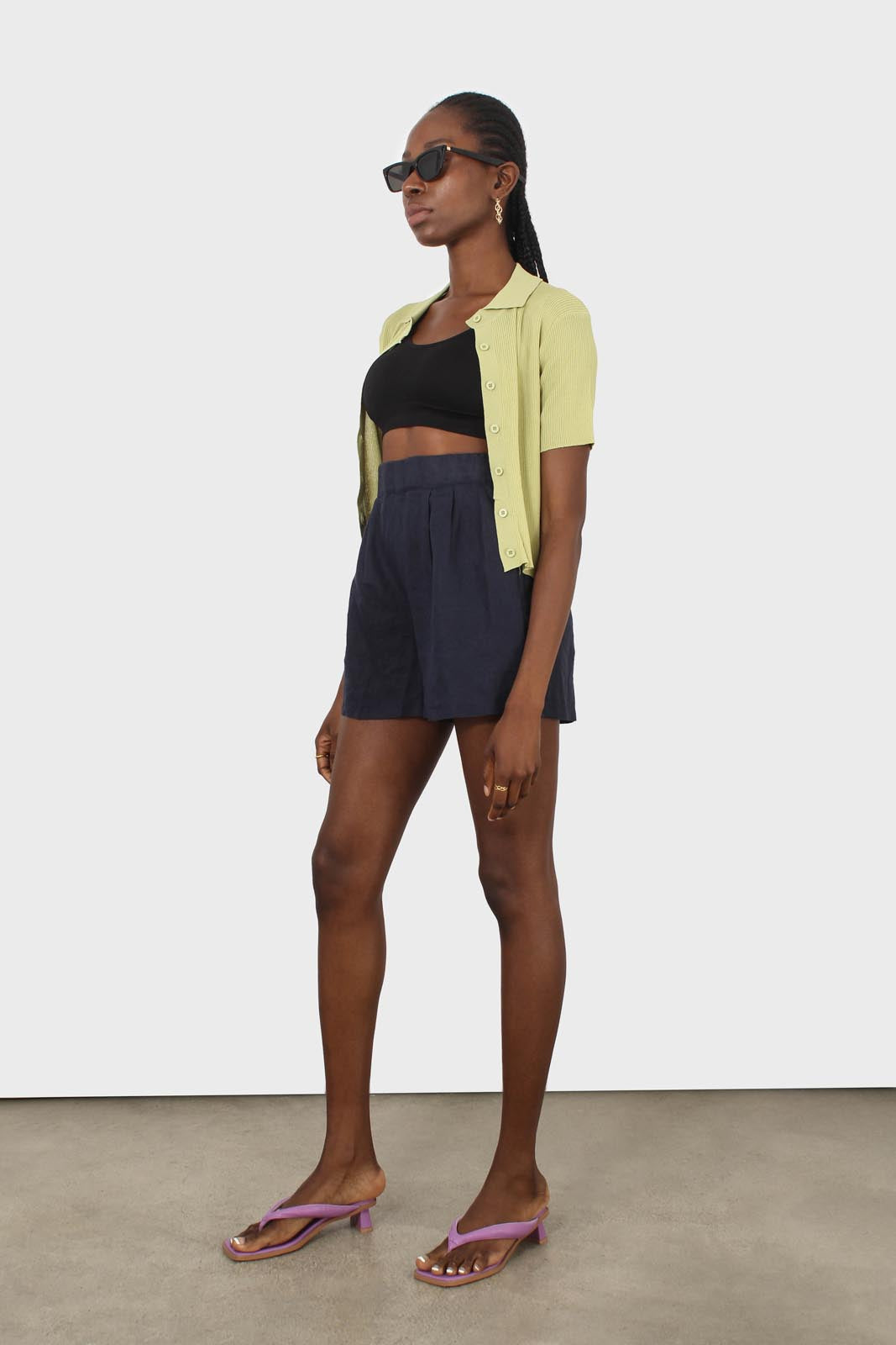 Light green ribbed fine knit polo top_5