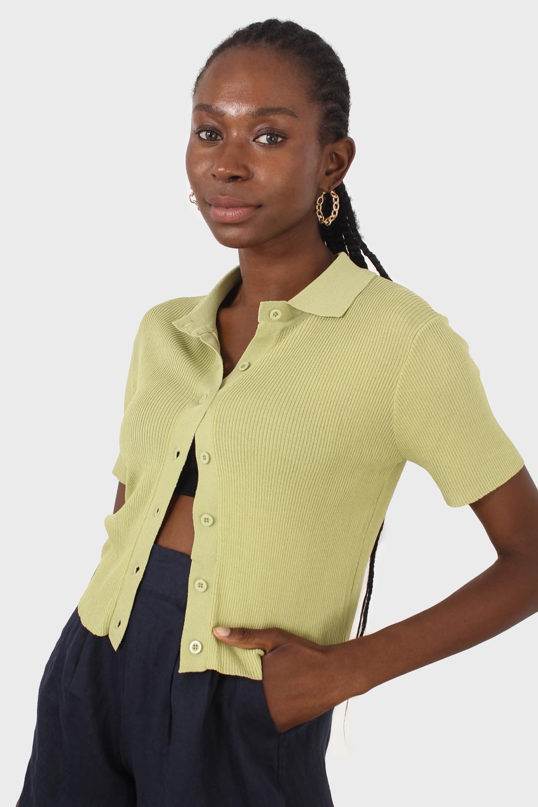 Light green ribbed fine knit polo top_4