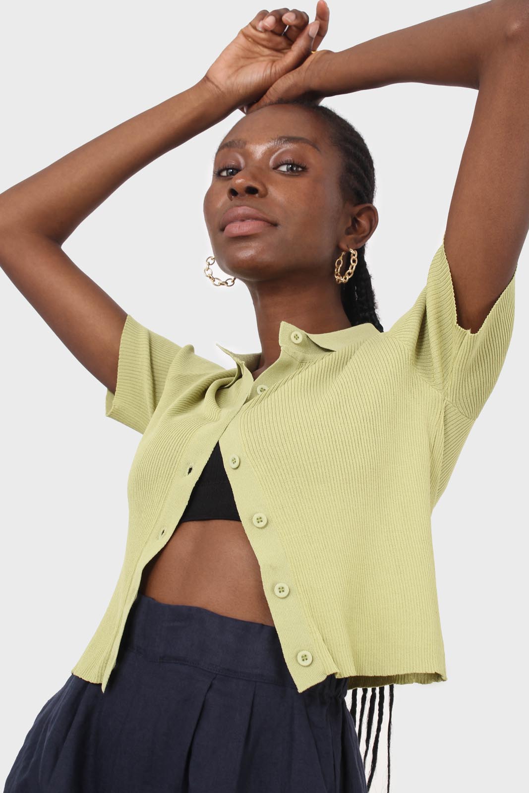 Light green ribbed fine knit polo top_9