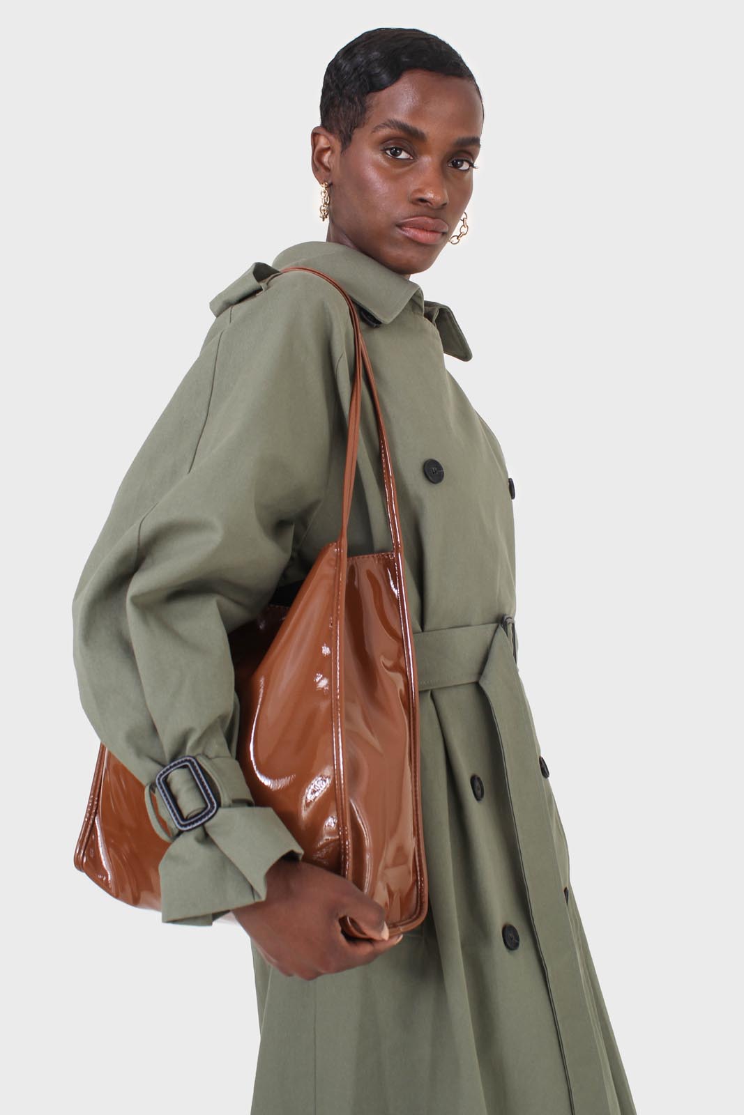 Deep camel high shine PVC tote bag_2