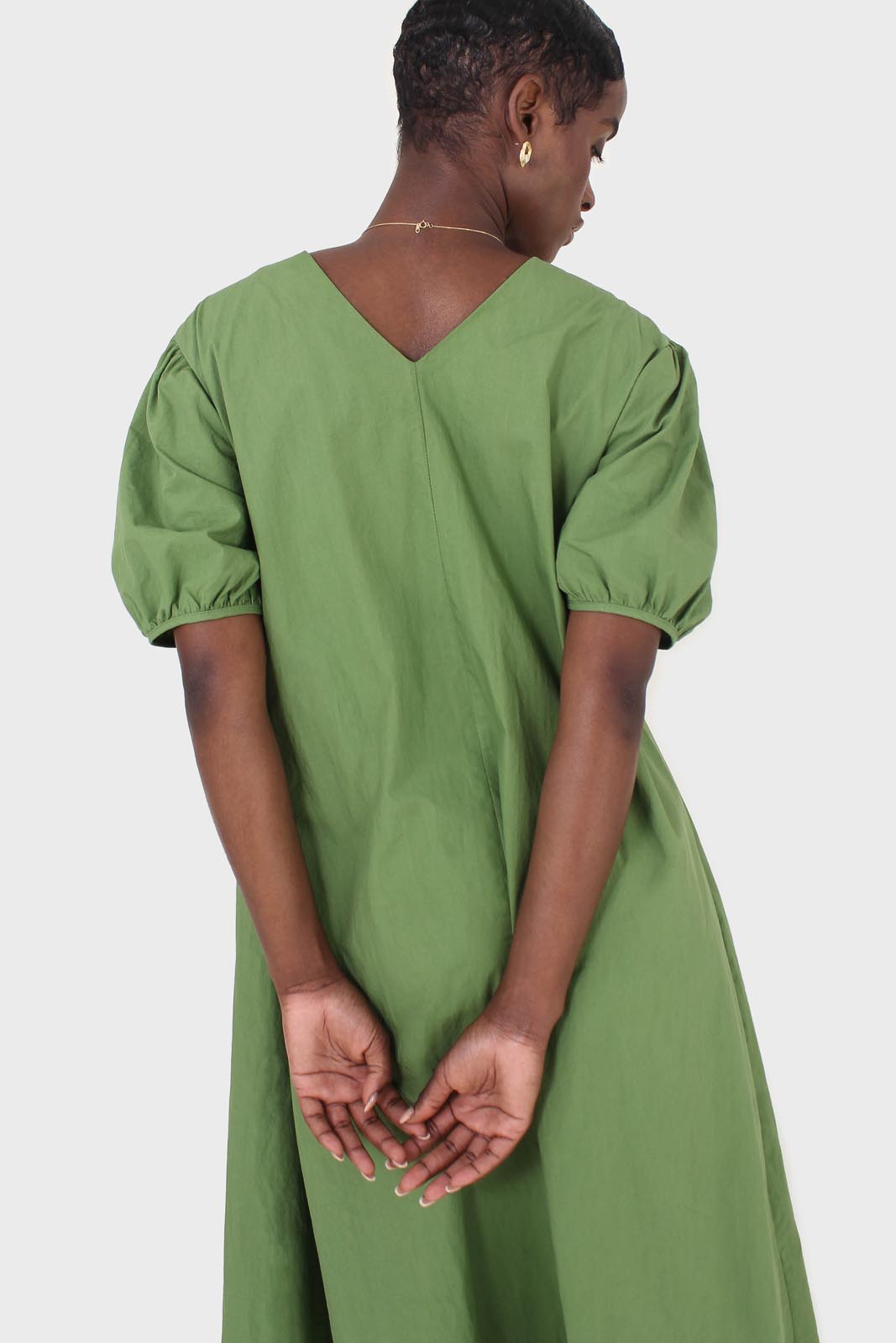 Green ruched seam V neck dress_6