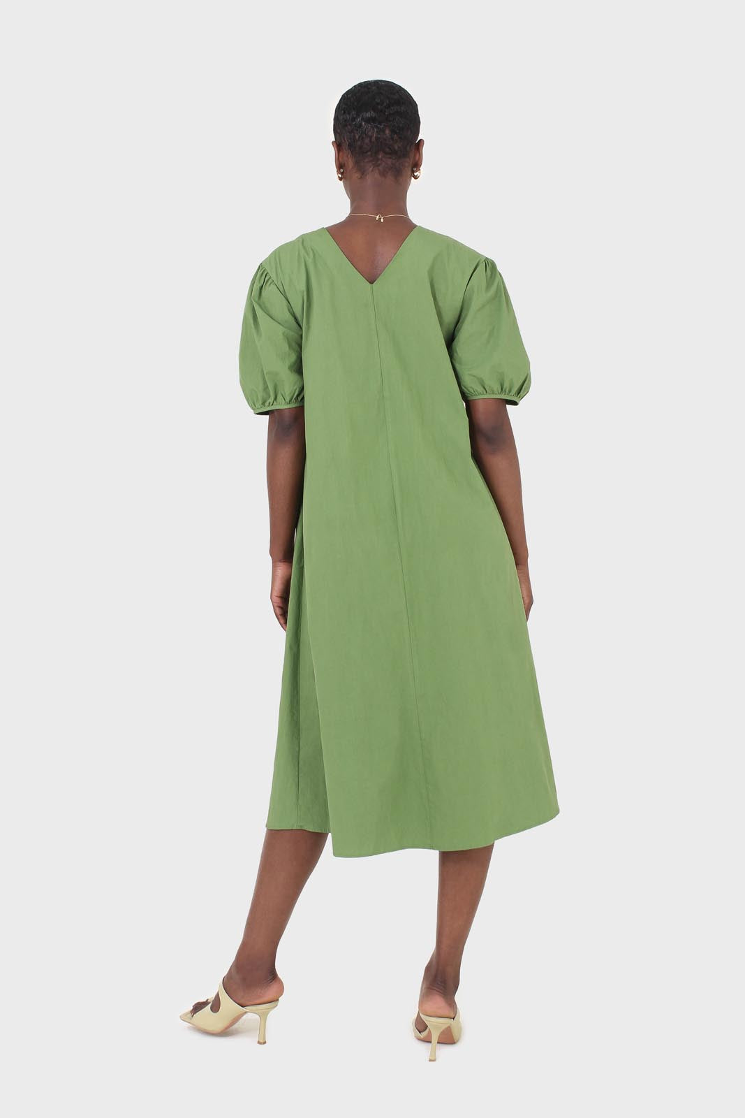 Green ruched seam V neck dress_2